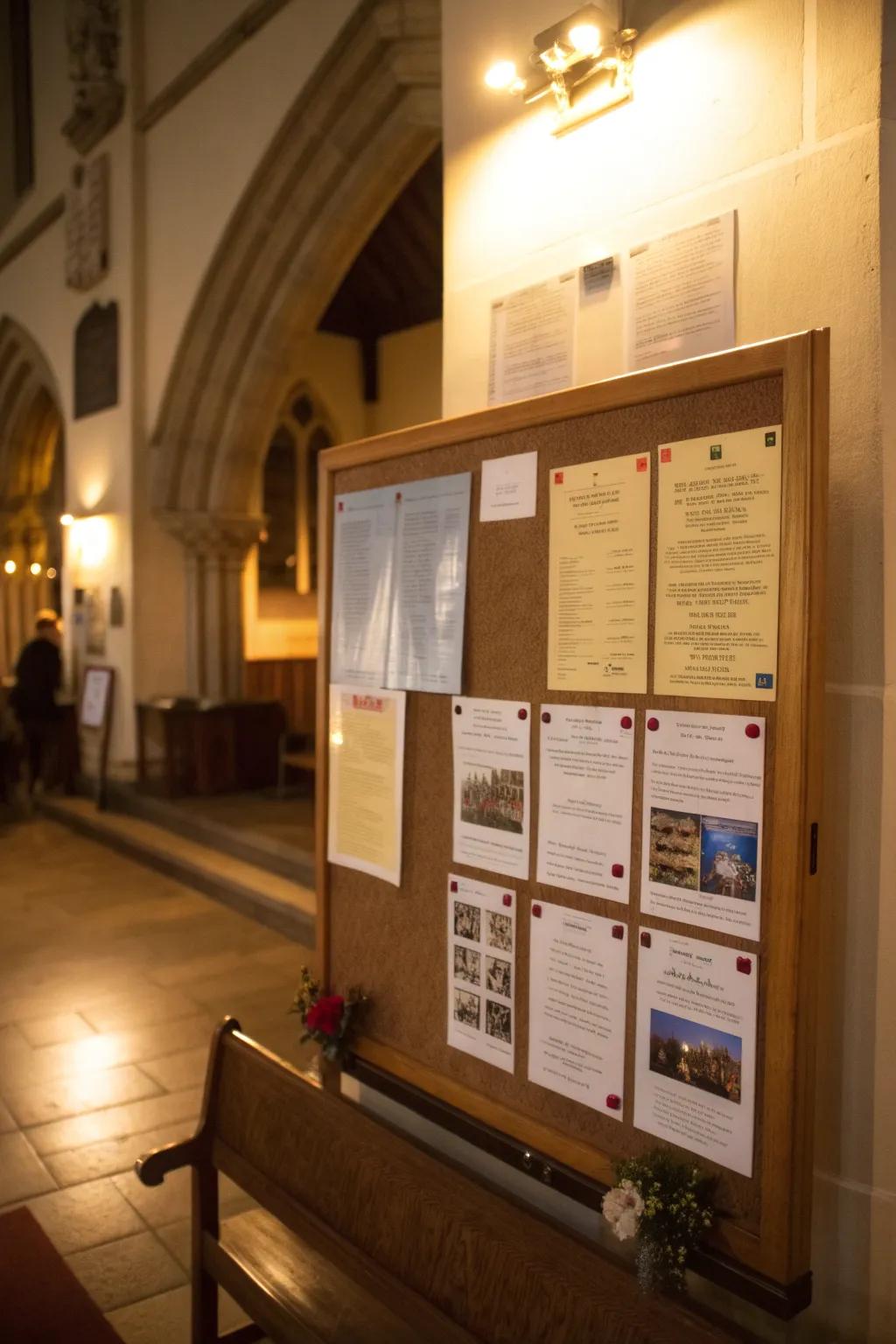 An informative bulletin board showcasing upcoming church events.