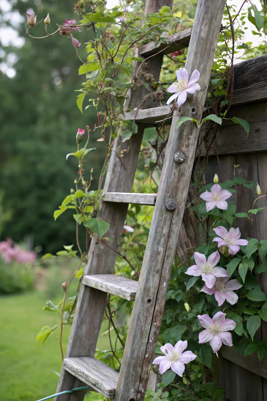 A repurposed ladder serves as a charming trellis for clematis growth.