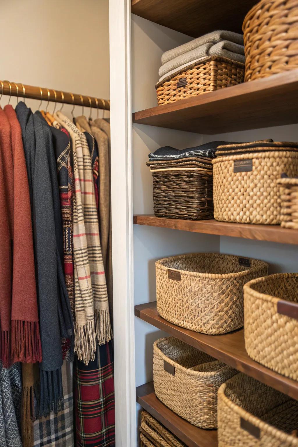 Organize with stylish woven baskets.