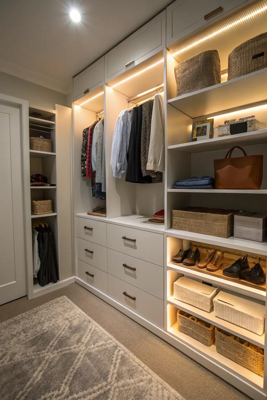 Under-cabinet lighting enhances visibility and accessibility in your closet.