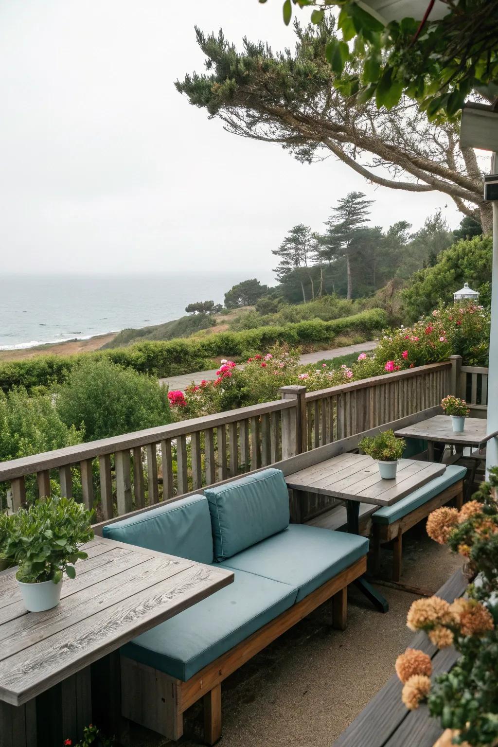 Outdoor seating areas invite relaxation in a coastal setting.