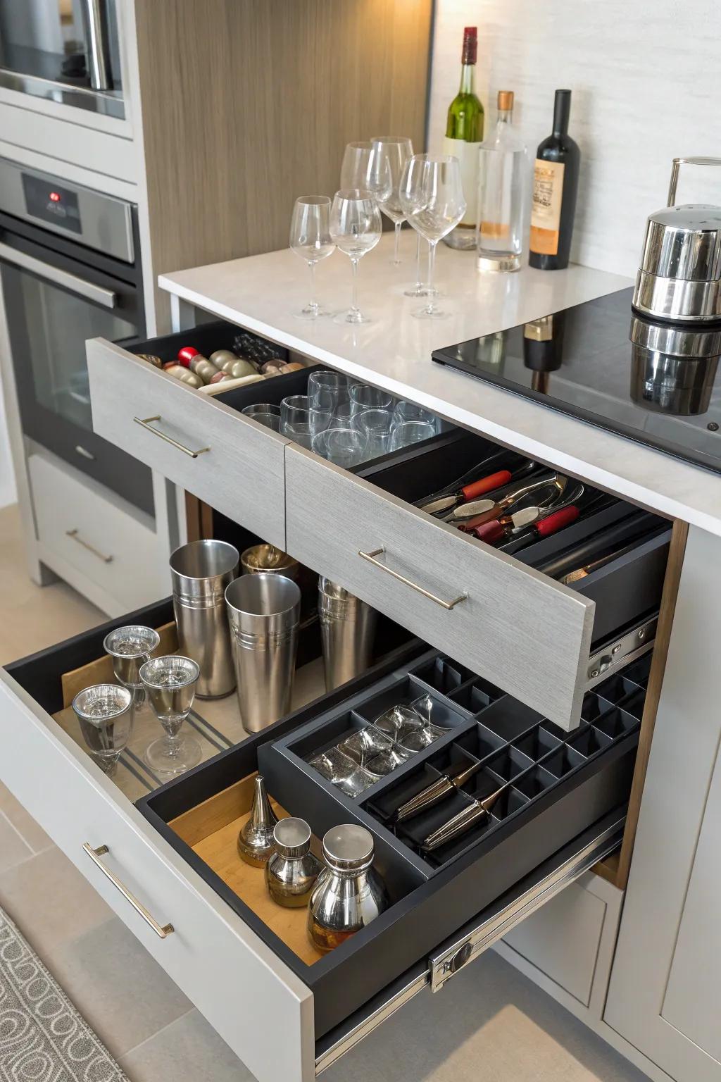 Cabinets and drawers keep clutter out of sight.