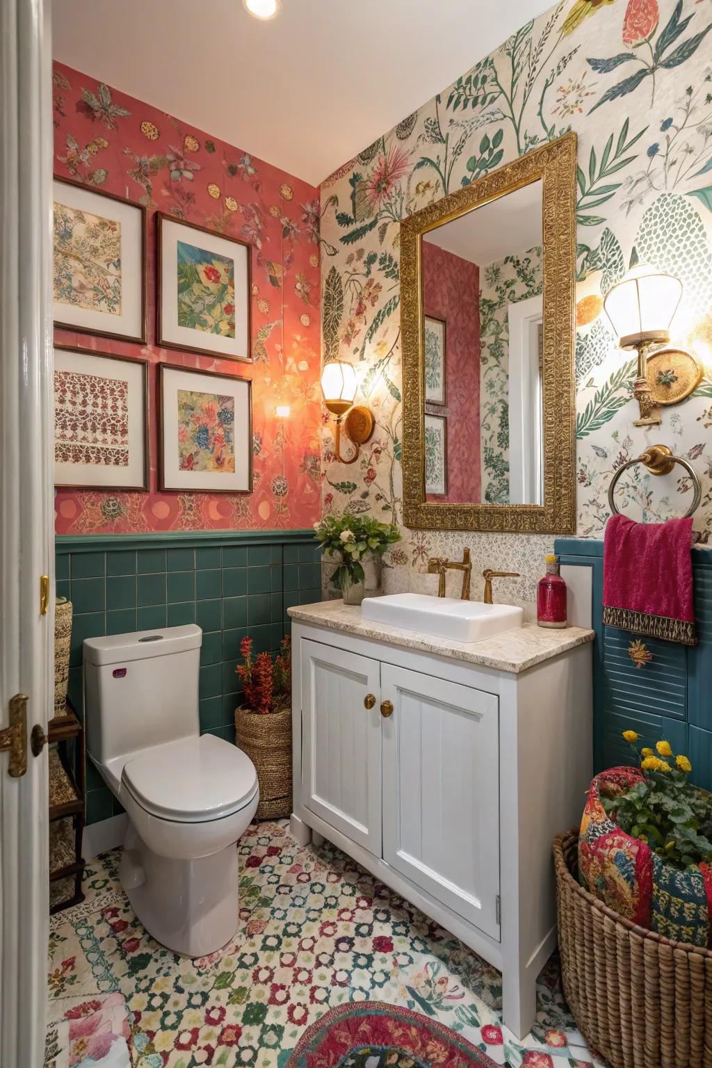 An eclectic mix of styles creates a personalized powder room.