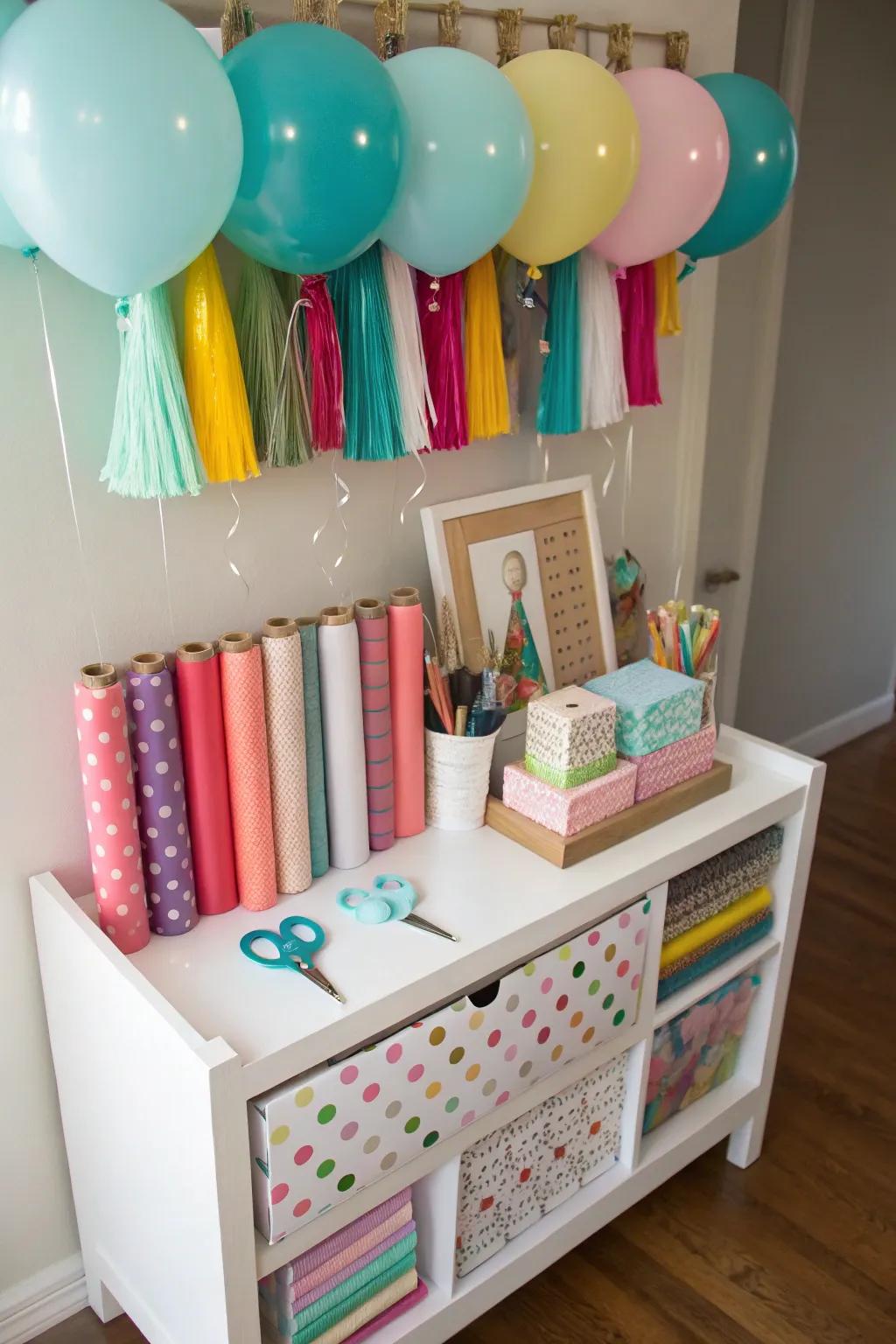 A personalized gift wrap station catering to both celebration themes.