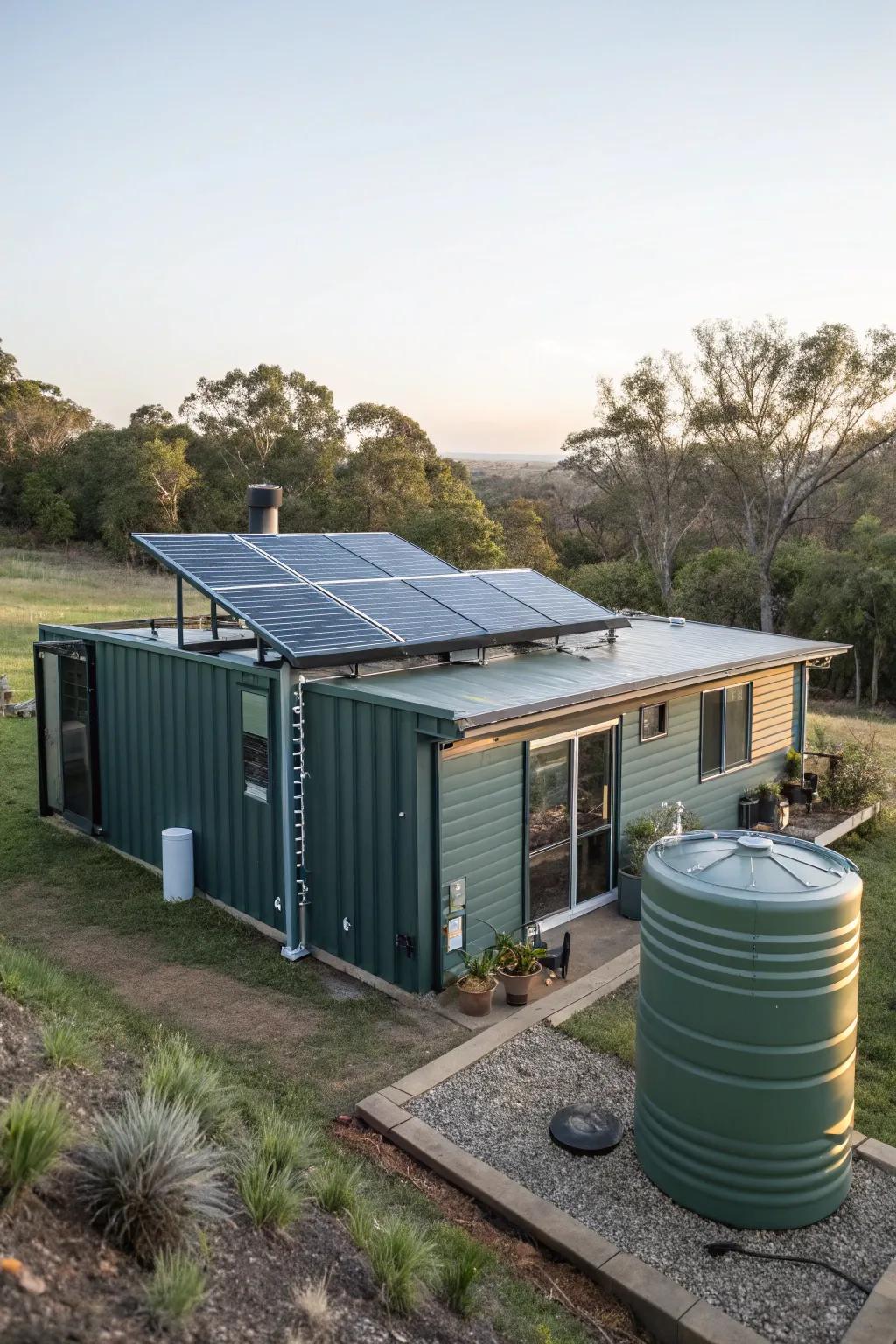 Eco-friendly features like solar panels enhance this container home.