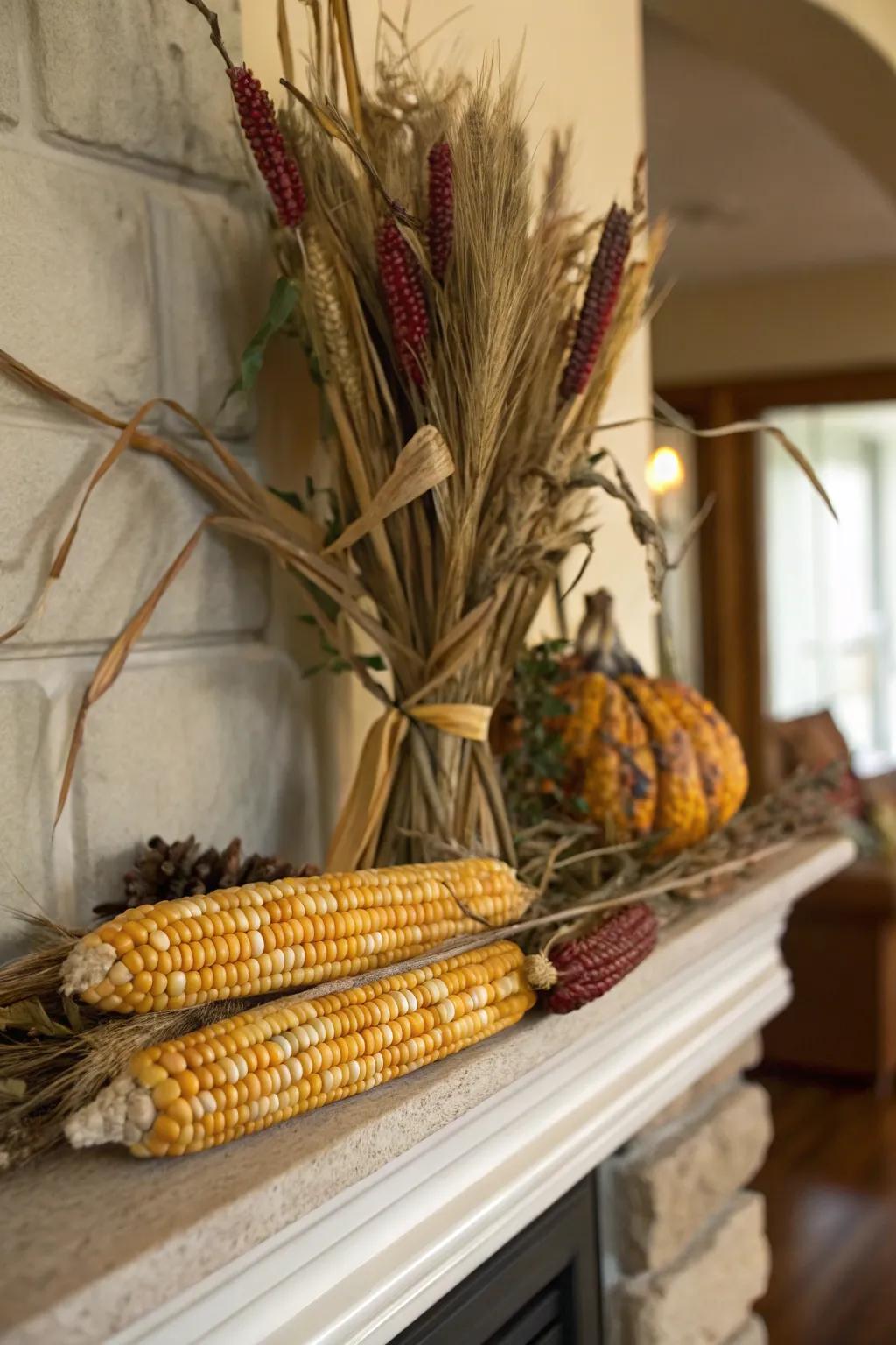 Corn and natural elements create an earthy display.