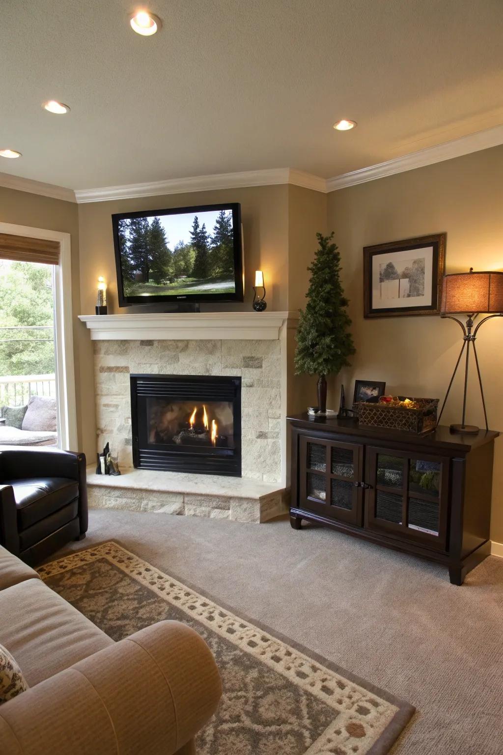 A television integrated with a corner fireplace for a multifunctional space.