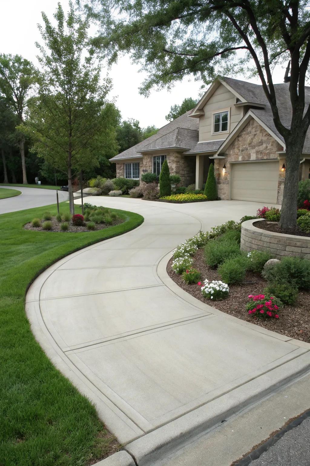 A driveway smoothly integrating with the sidewalk.