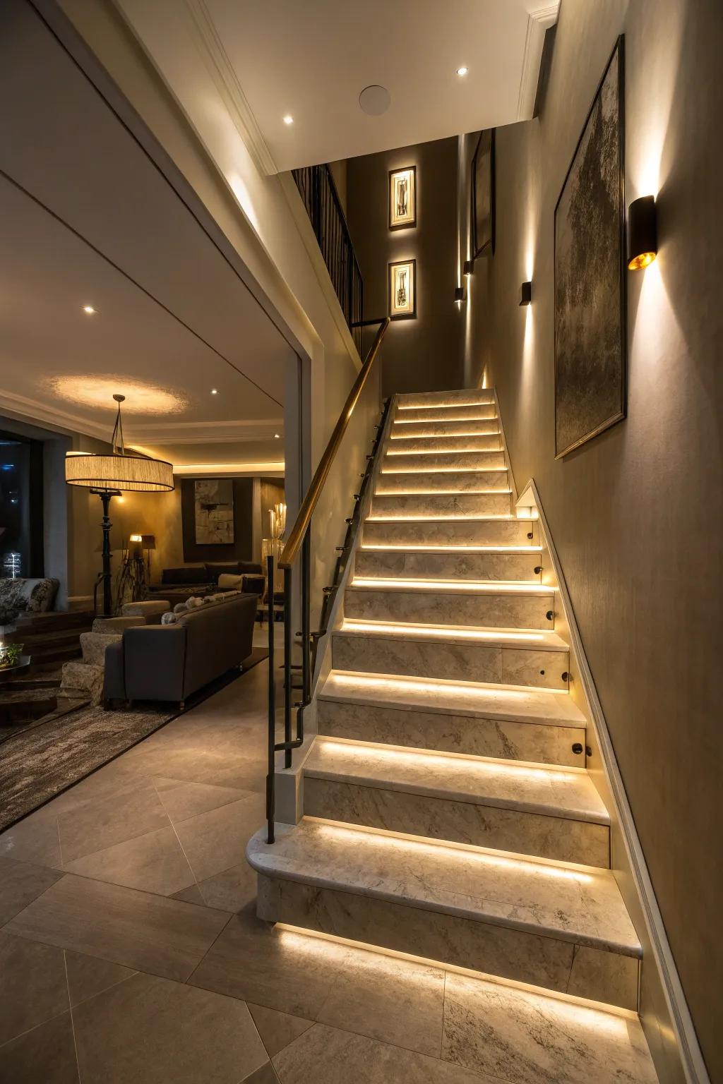 Accent lighting enhances the beauty and safety of stairs.