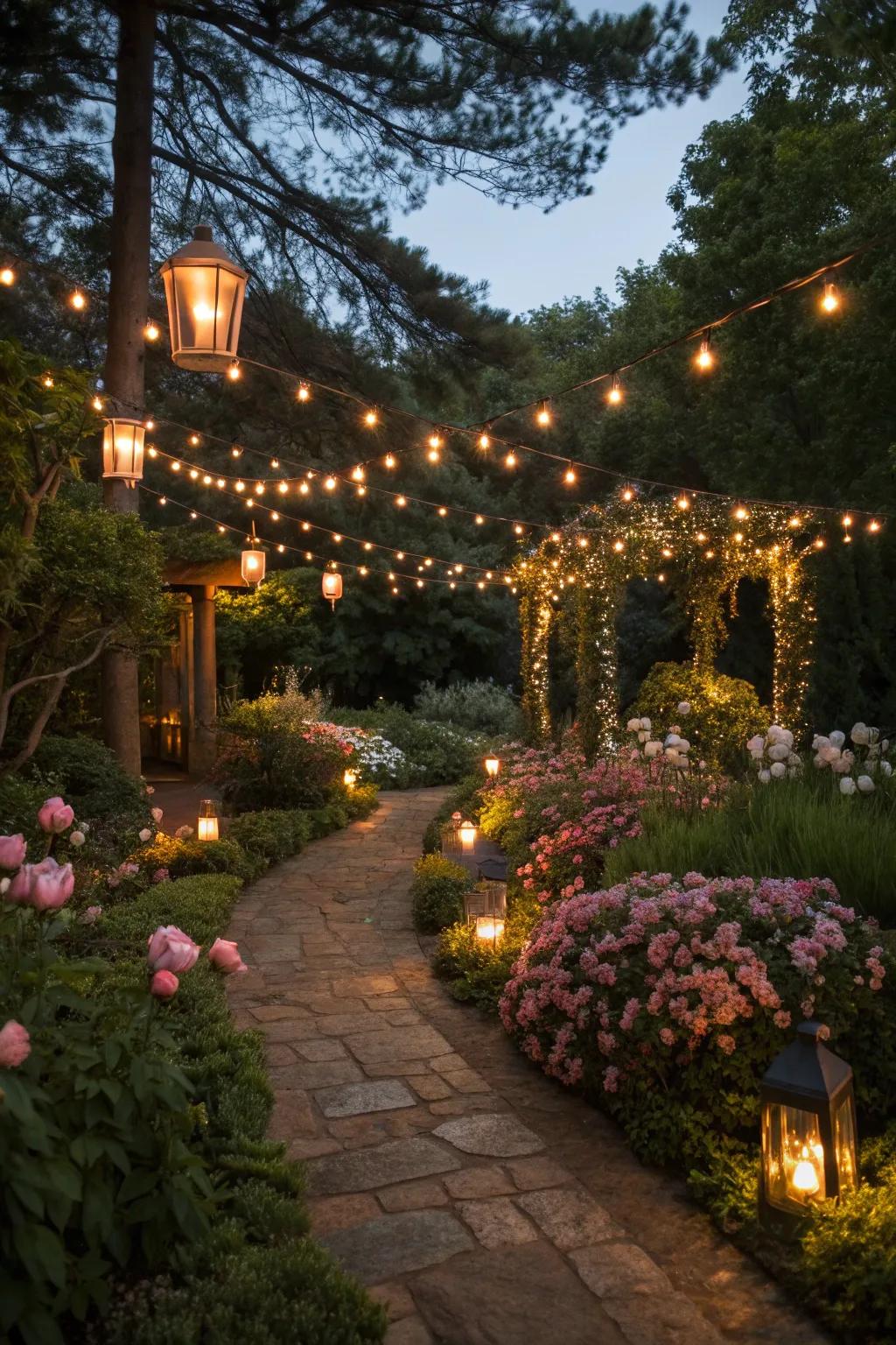 Ambient lighting that transforms the garden into a magical evening retreat.