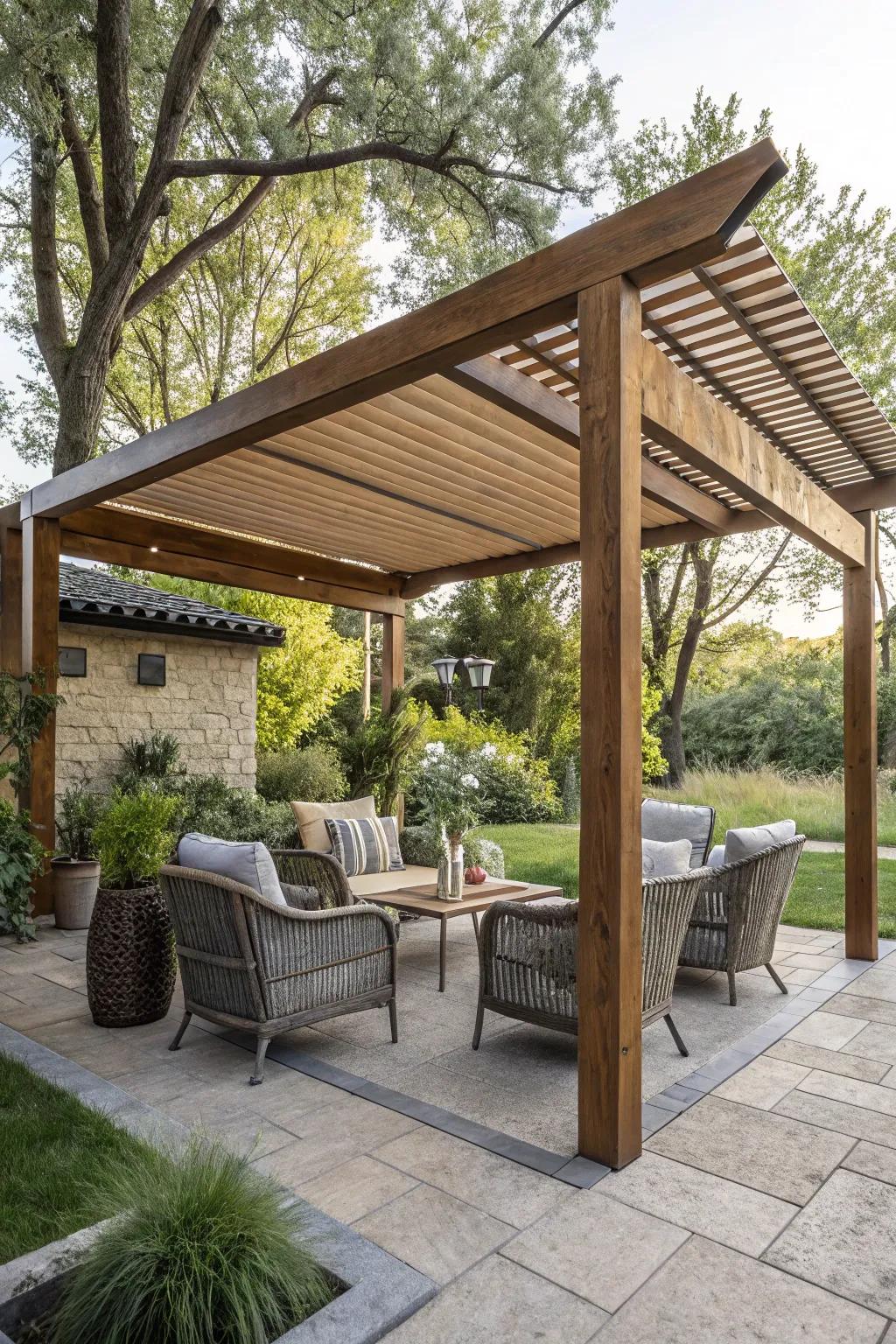 A slat wood pergola combines style and function for a shaded outdoor haven.