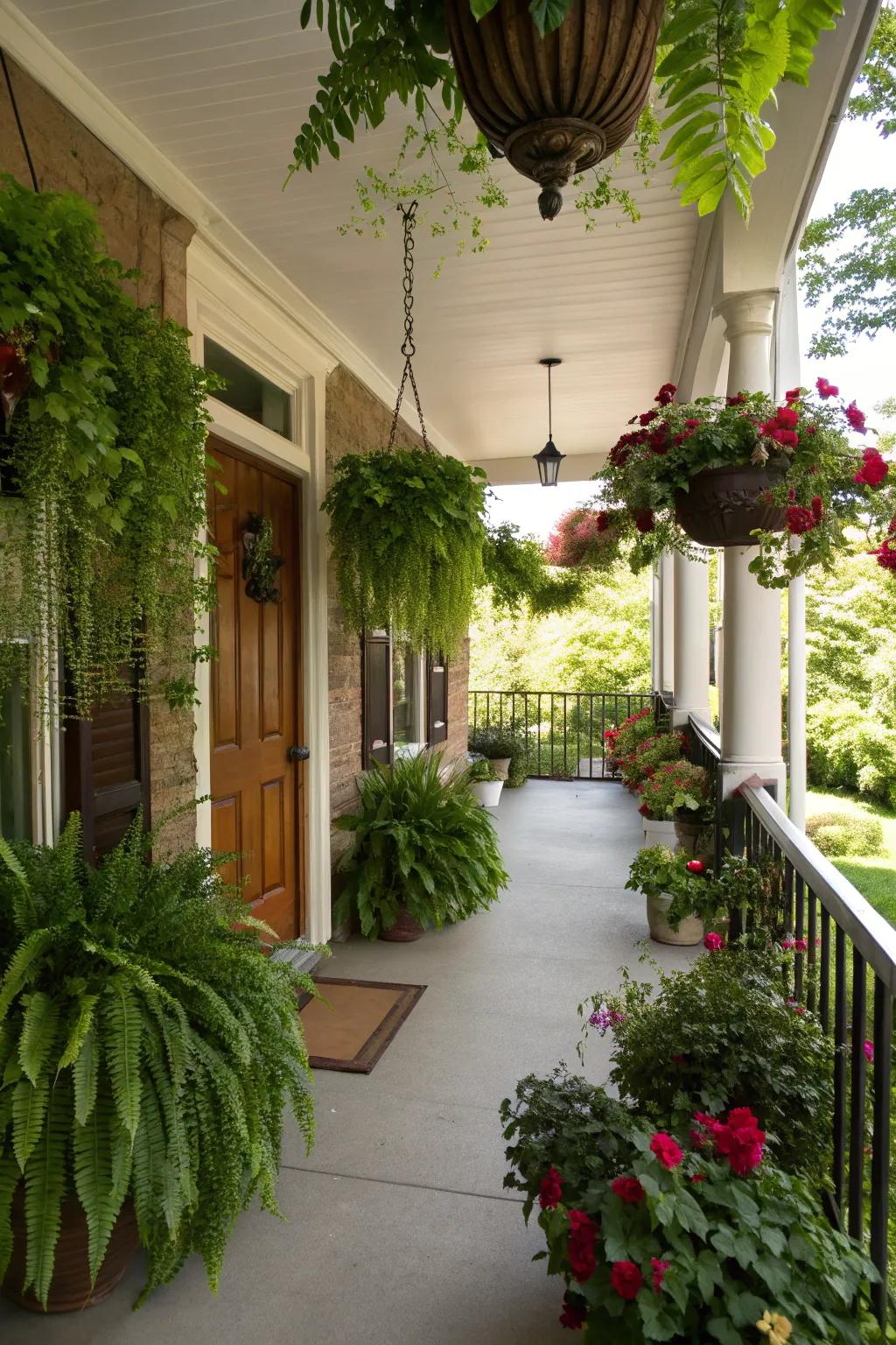 Lush greenery breathes life into the porch setting.