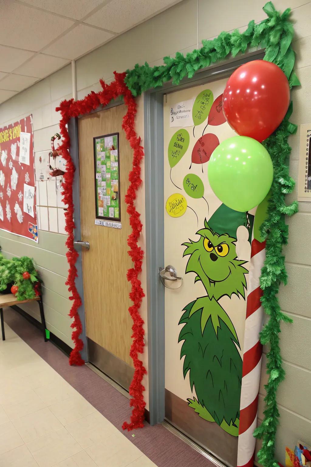 A classroom door transformed into a whimsical Whoville scene with the Grinch.