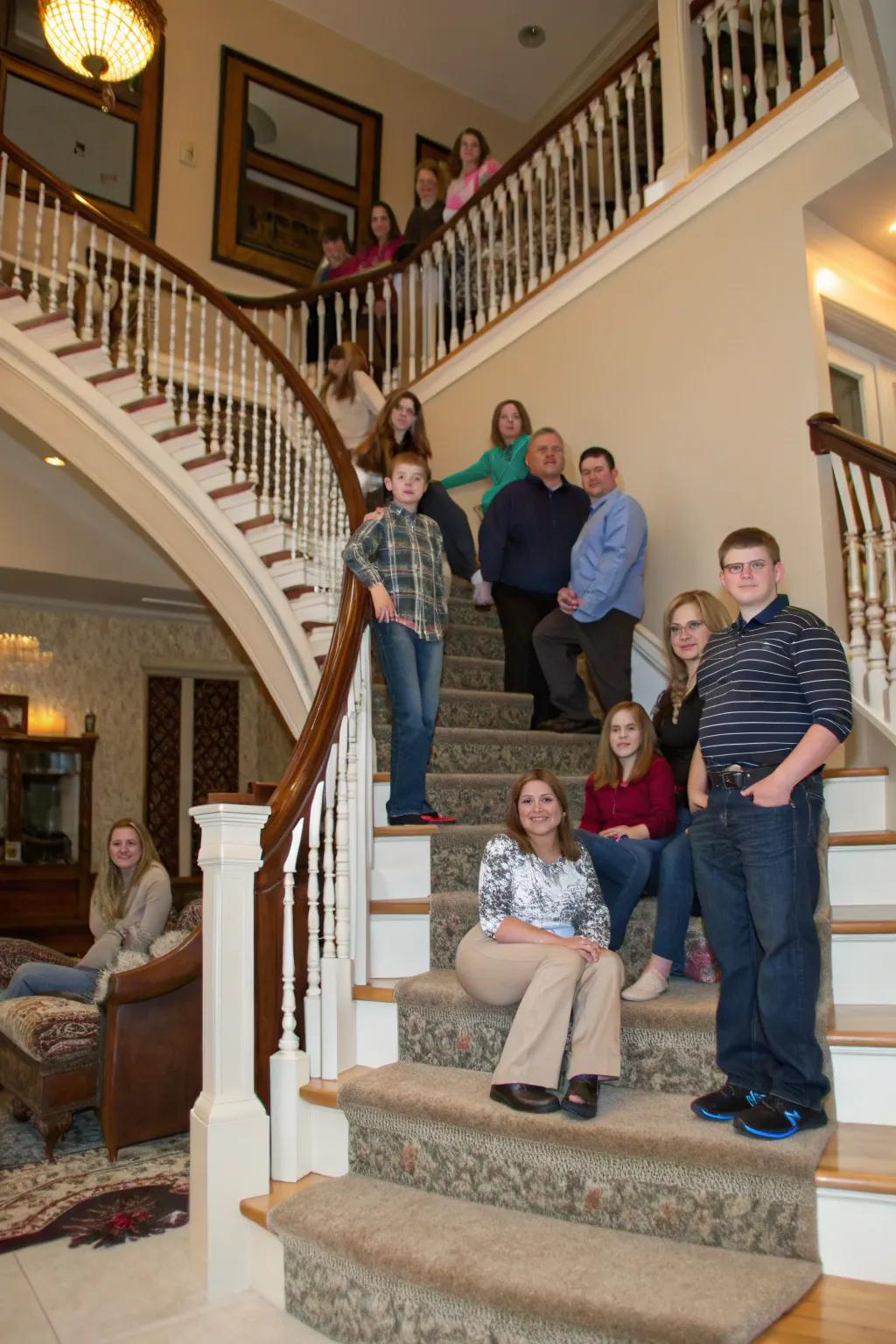 Staircases offer natural tiers for creative family photo compositions.