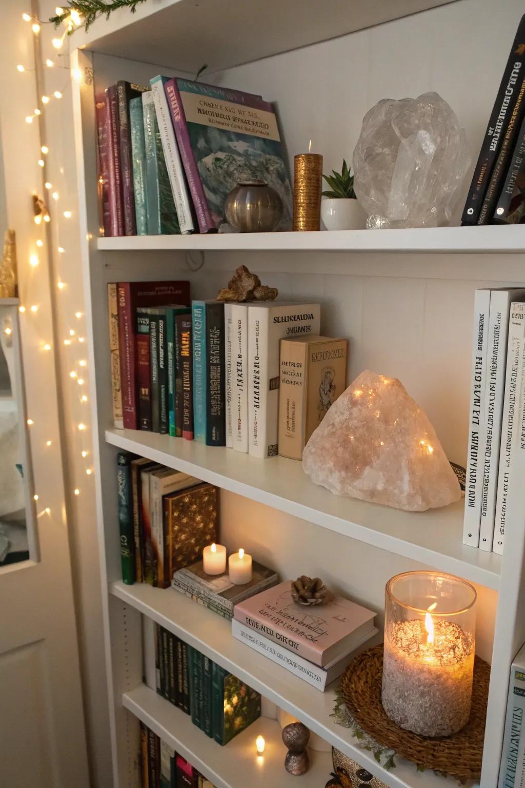 Crystals beautifully integrated into a bookshelf display.