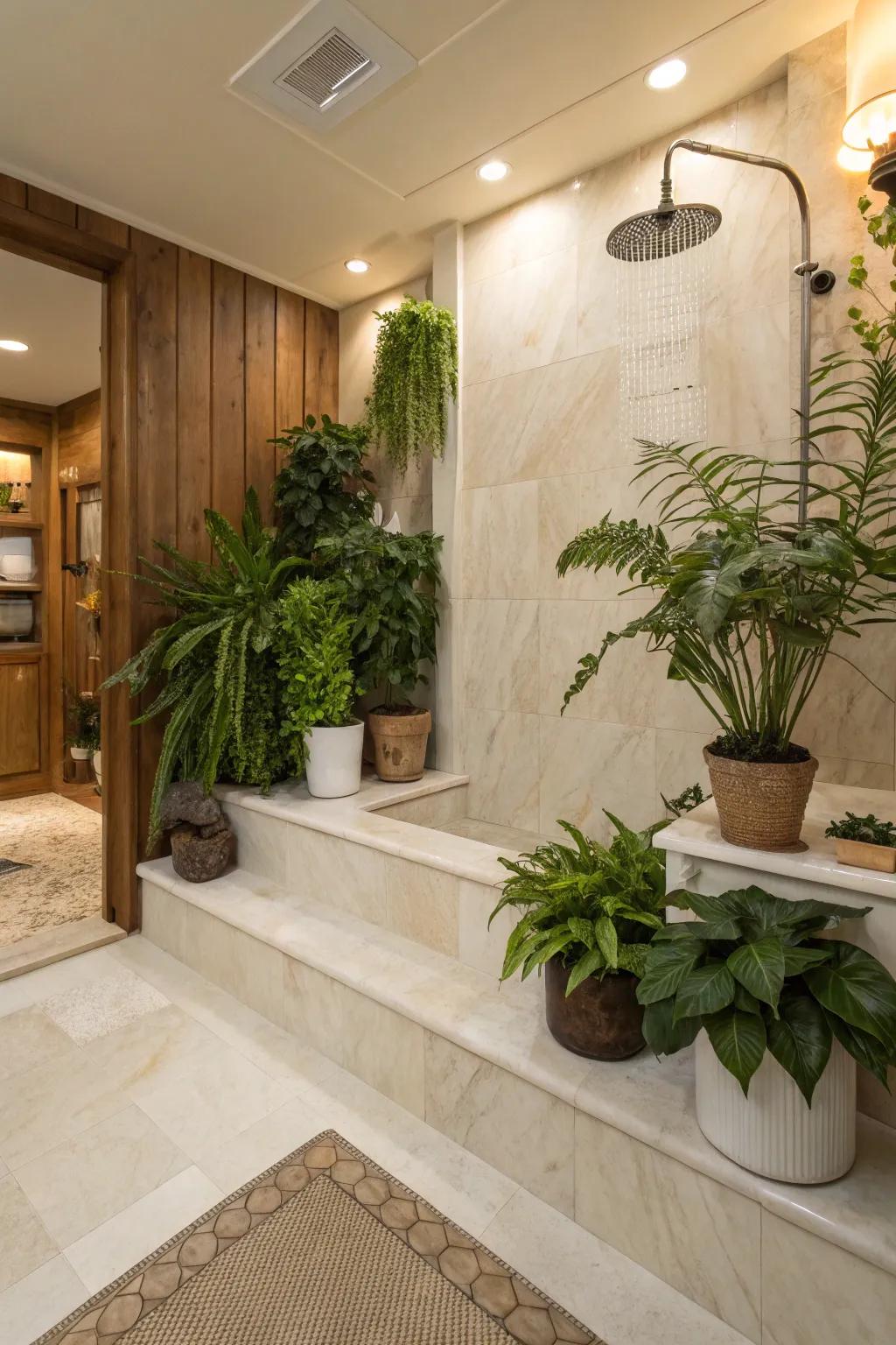 Natural decor complements the elegance of cultured marble showers.