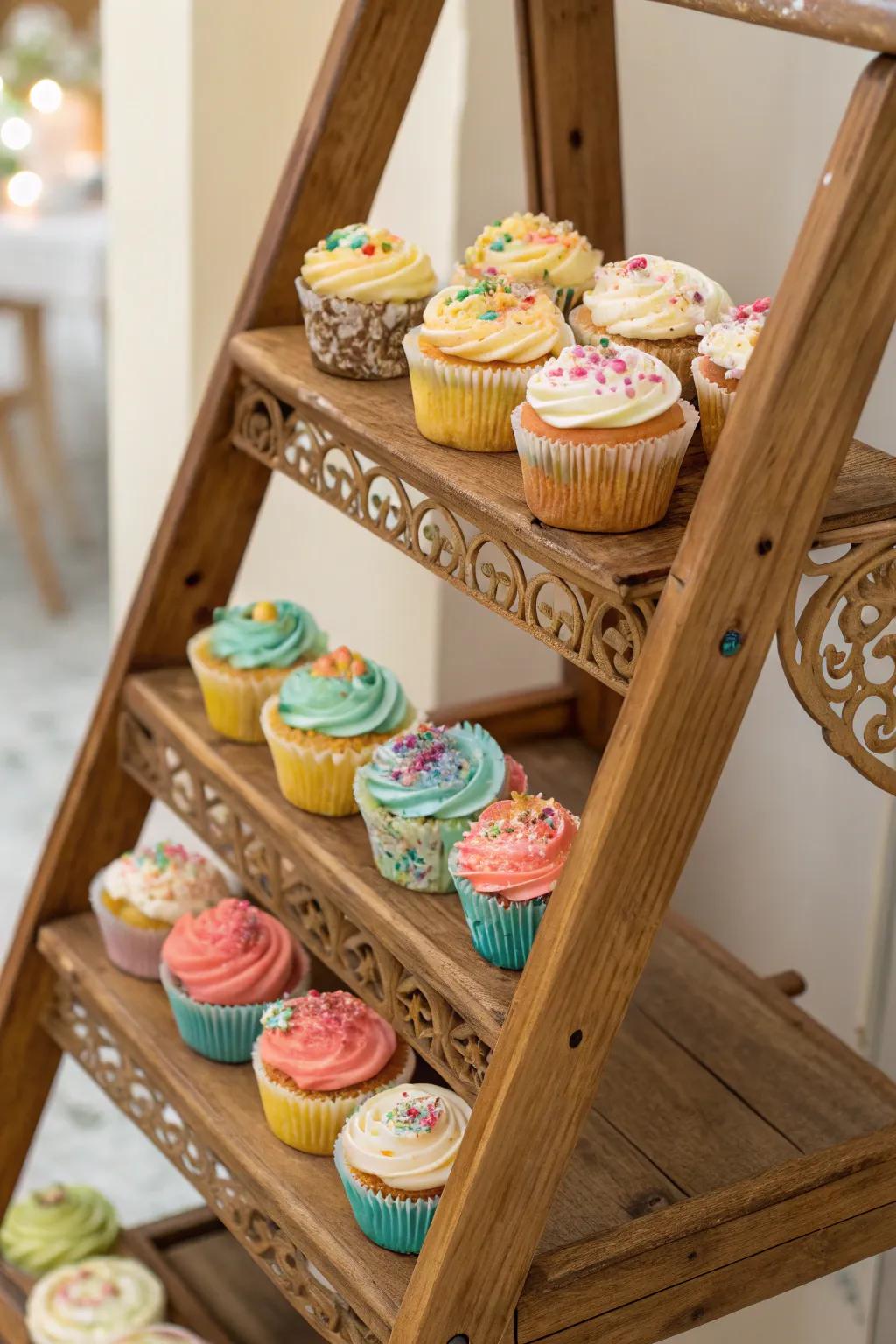 A ladder used creatively as a striking cupcake display.