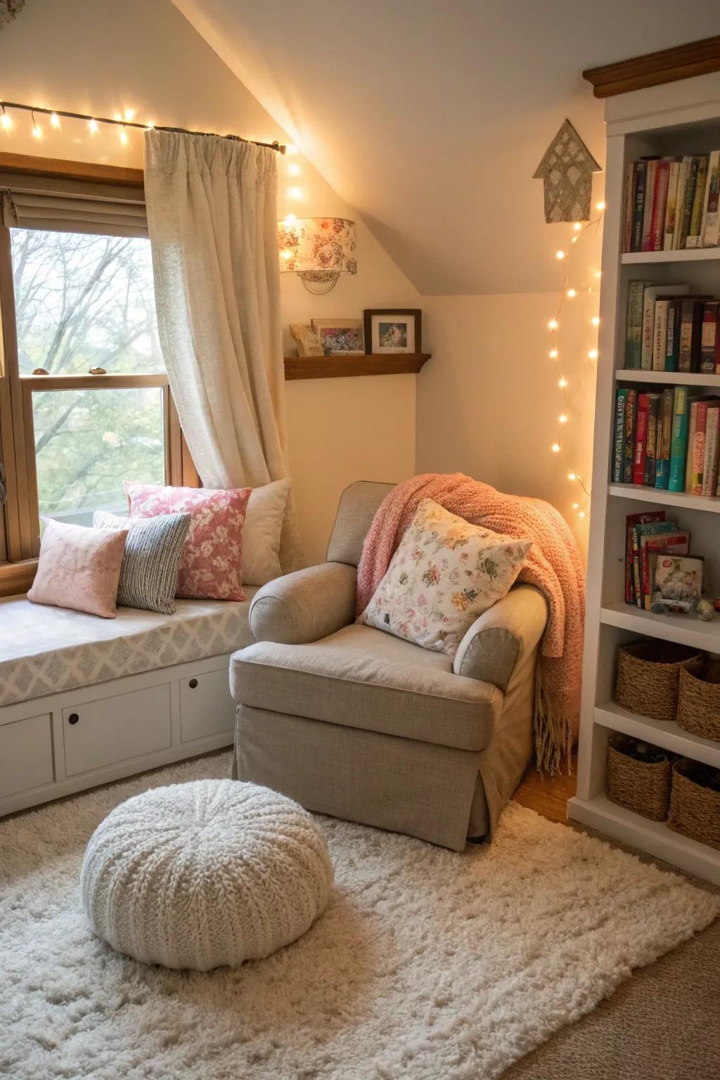 A cozy nook for reading and relaxation in a shared room.