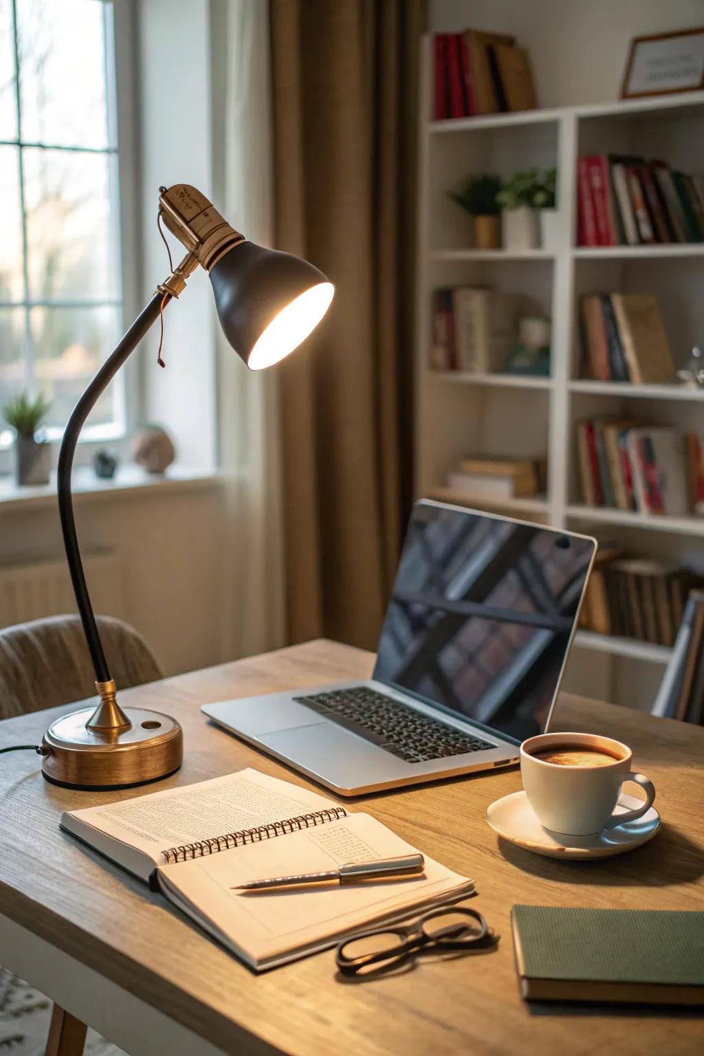 A stylish desk lamp offering task lighting in a home office.