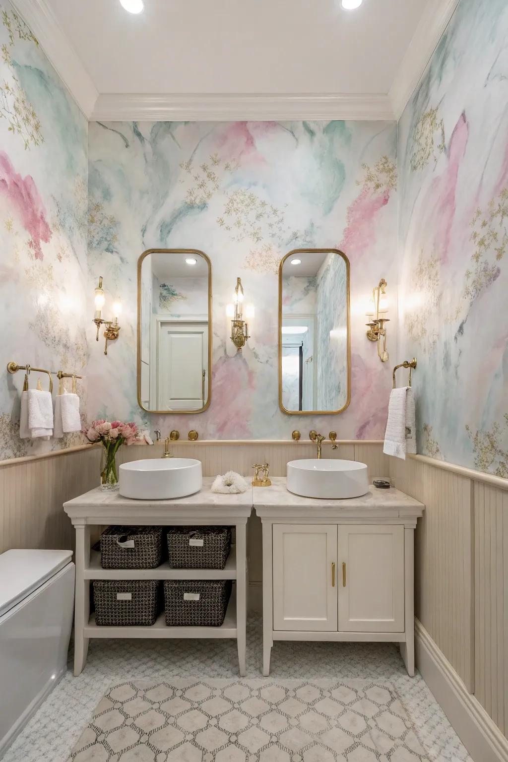 A bathroom featuring a pastel watercolor effect wallpaper, creating a spa-like atmosphere.