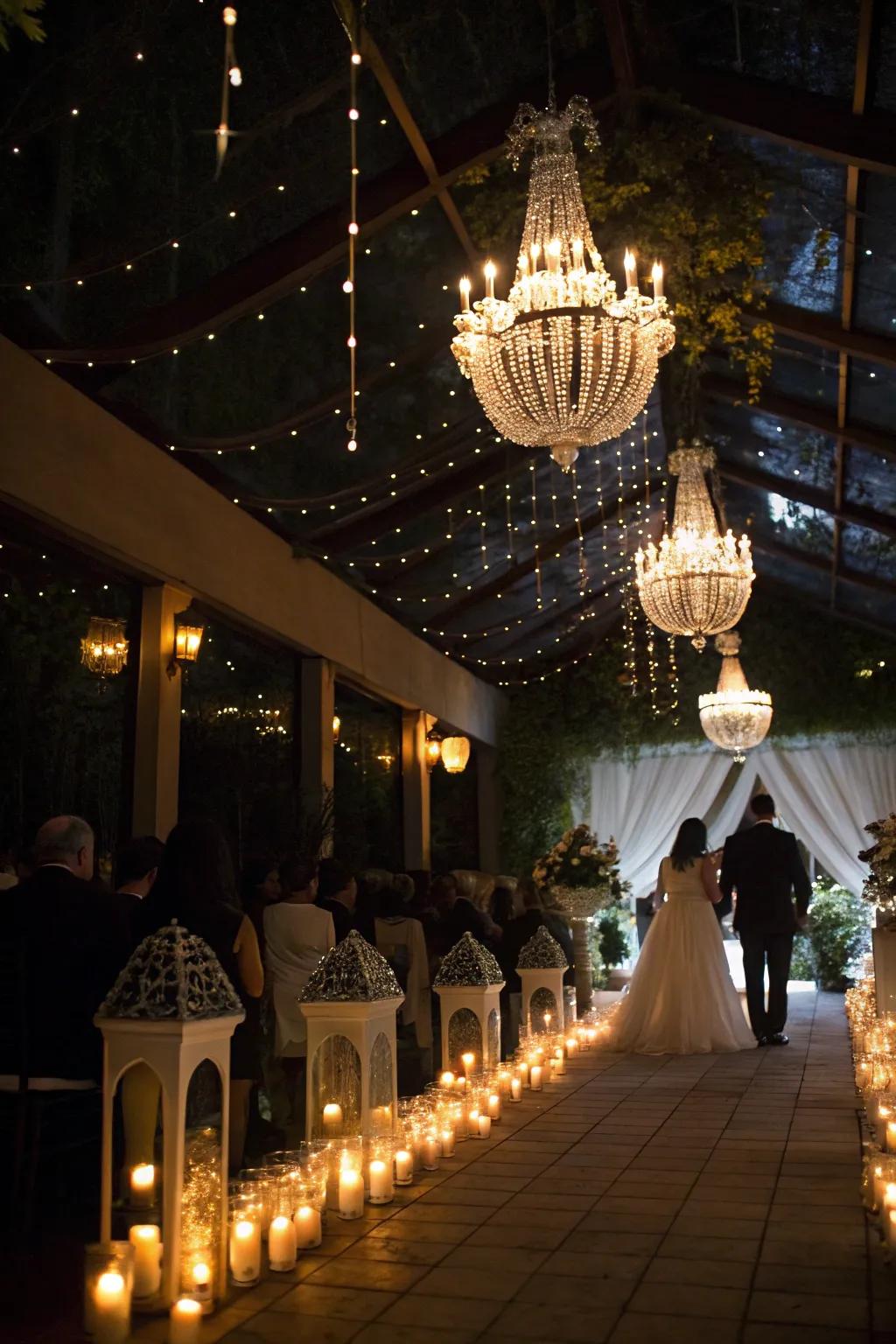 Whimsical lighting creating a magical wedding atmosphere.