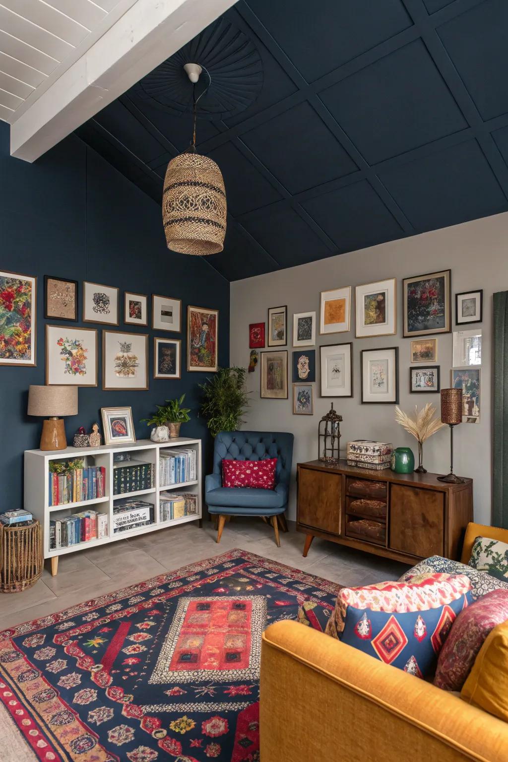 An eclectic room with a versatile dark blue ceiling.