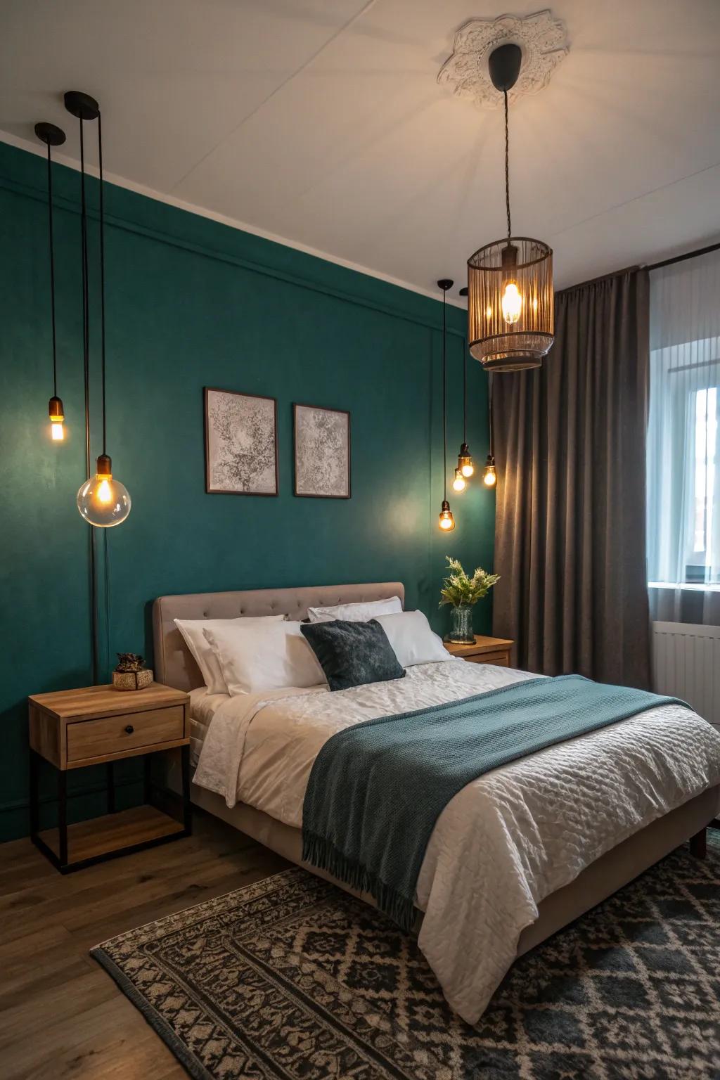 Layered lighting enhances the mood of a teal room.