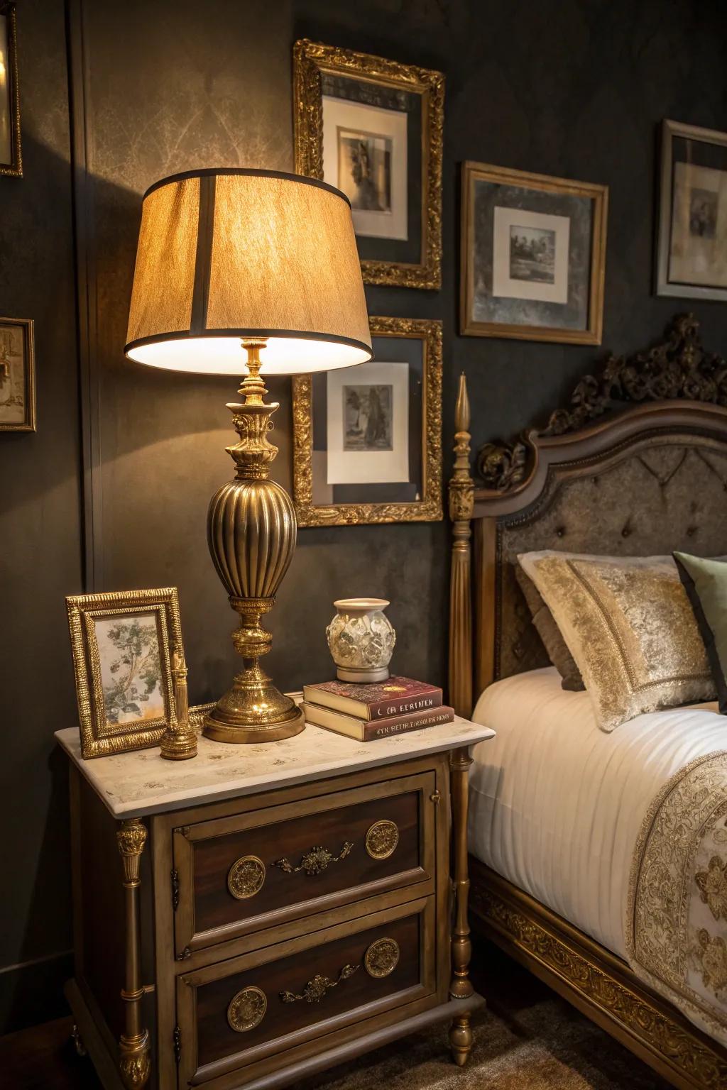 Gold accents bring warmth and elegance to a dark vintage bedroom.