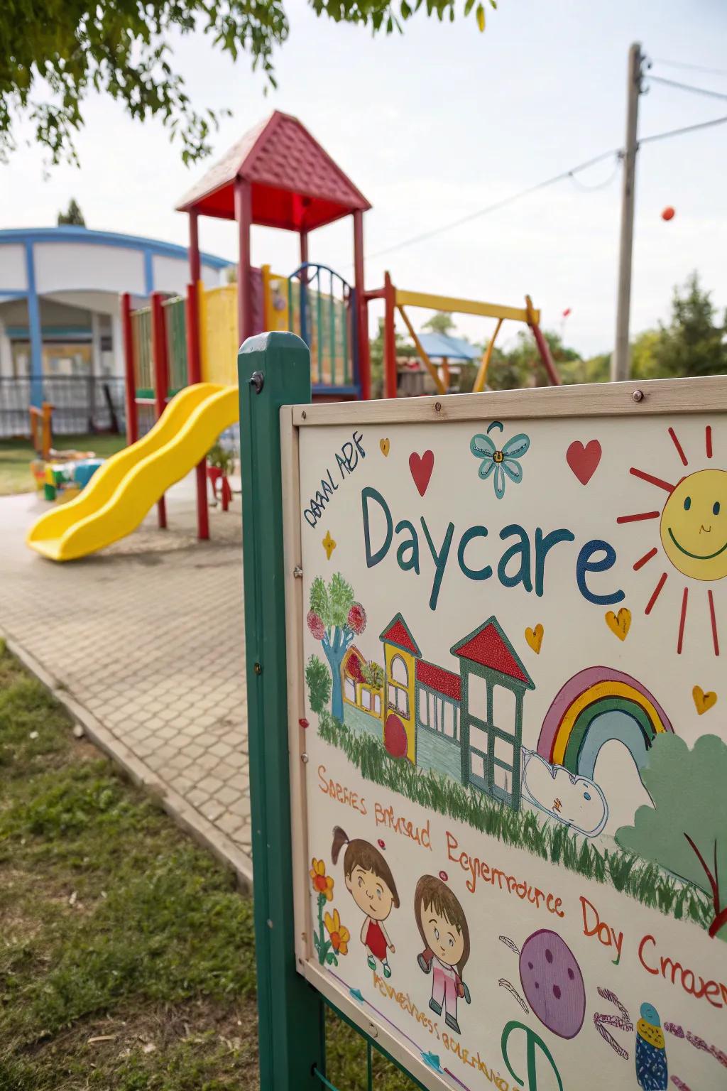 Children's artwork proudly displayed on the daycare sign adds a personal and heartwarming touch.