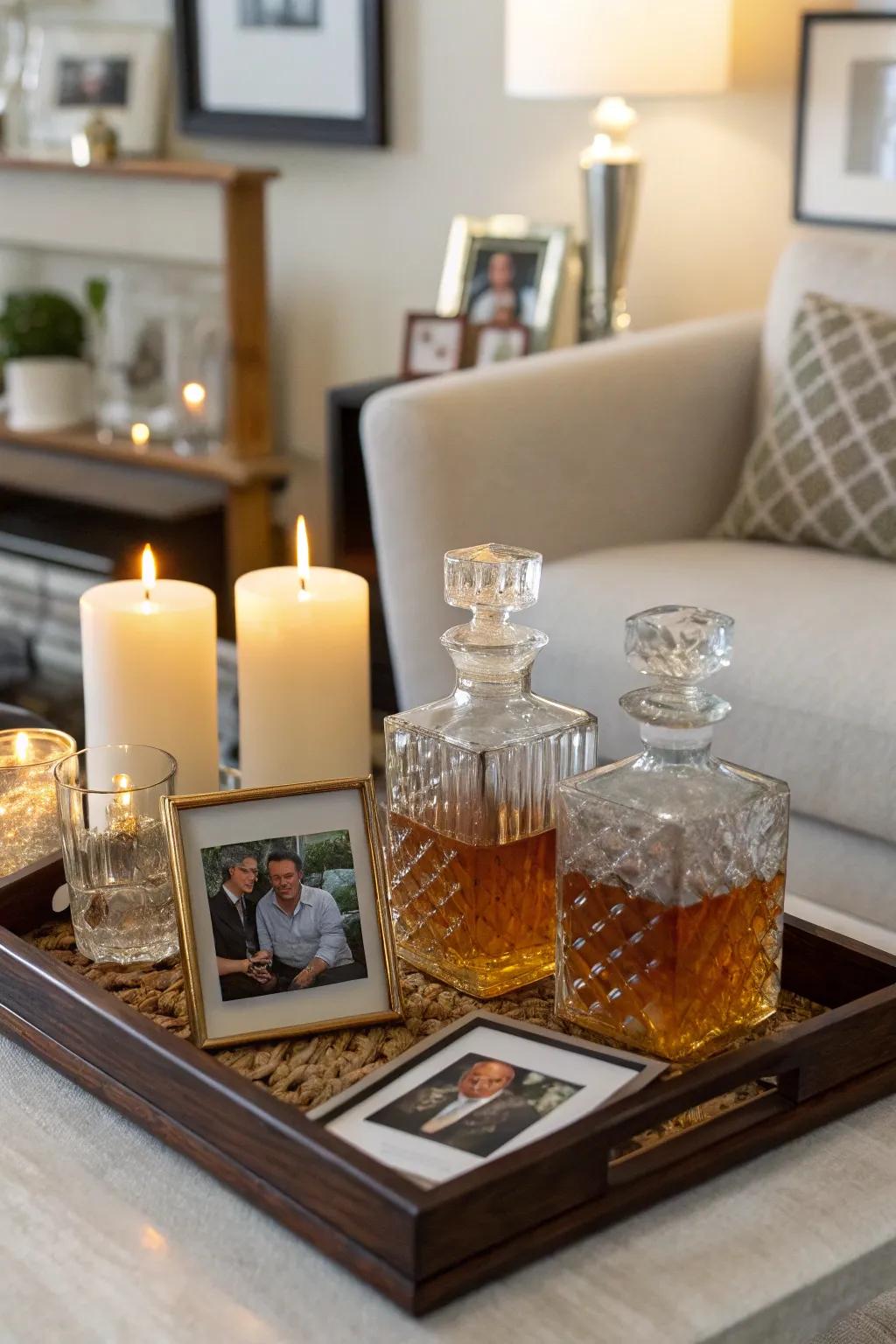 A cozy corner featuring decanters and personal decor touches.