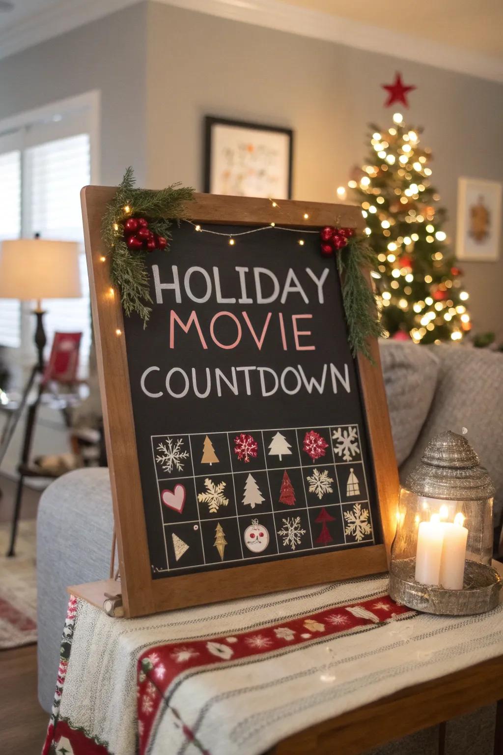 A holiday movie-themed chalkboard calendar for cozy nights in.