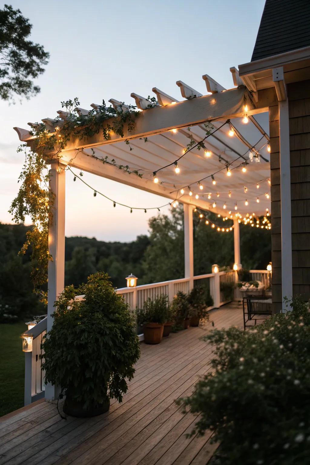 A pergola lit with string lights, perfect for evening gatherings.