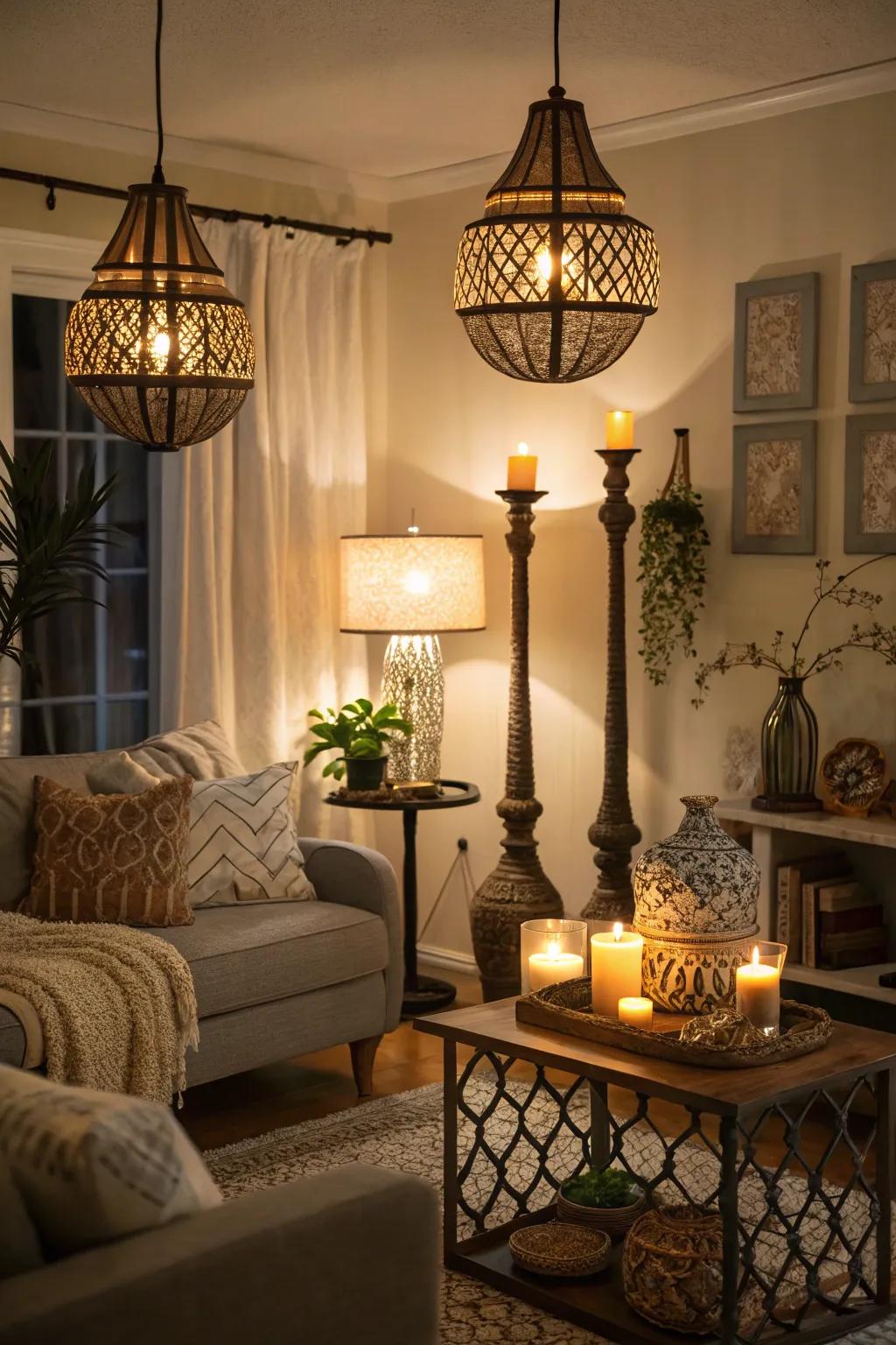 Layered lighting sets a cozy mood.