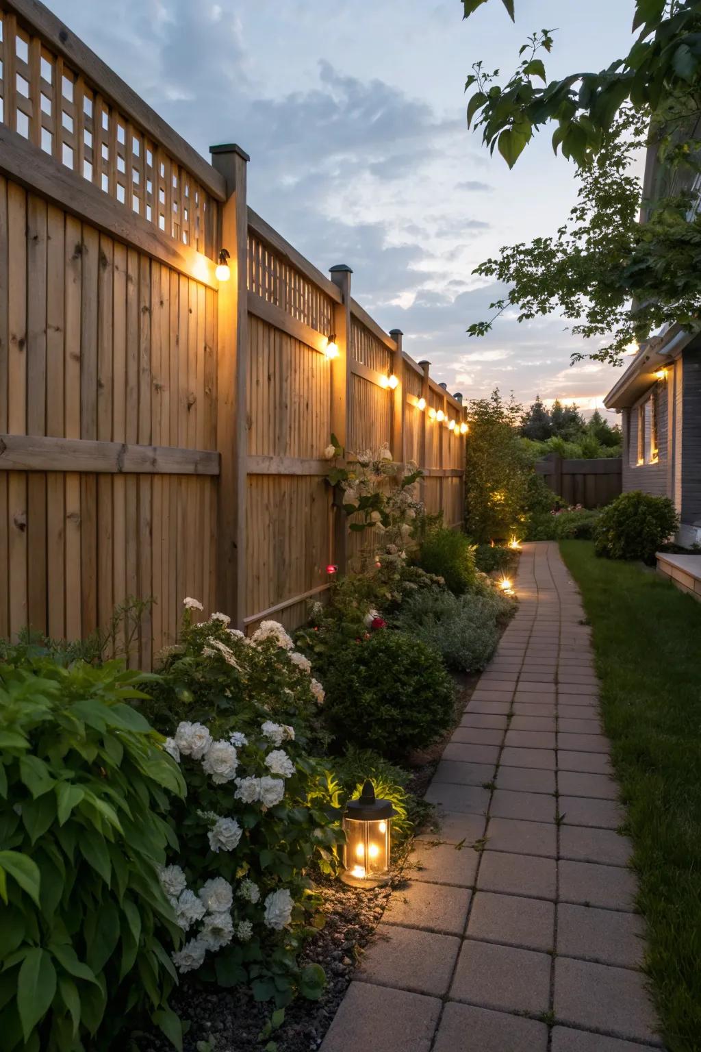 Integrated lighting adds warmth and safety to fences.