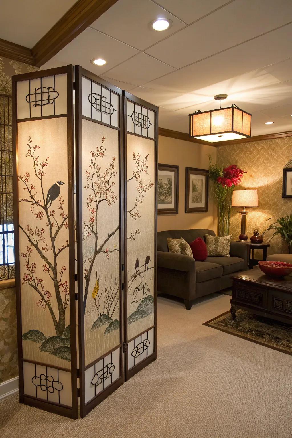 Sliding screens add privacy and artistic touch.