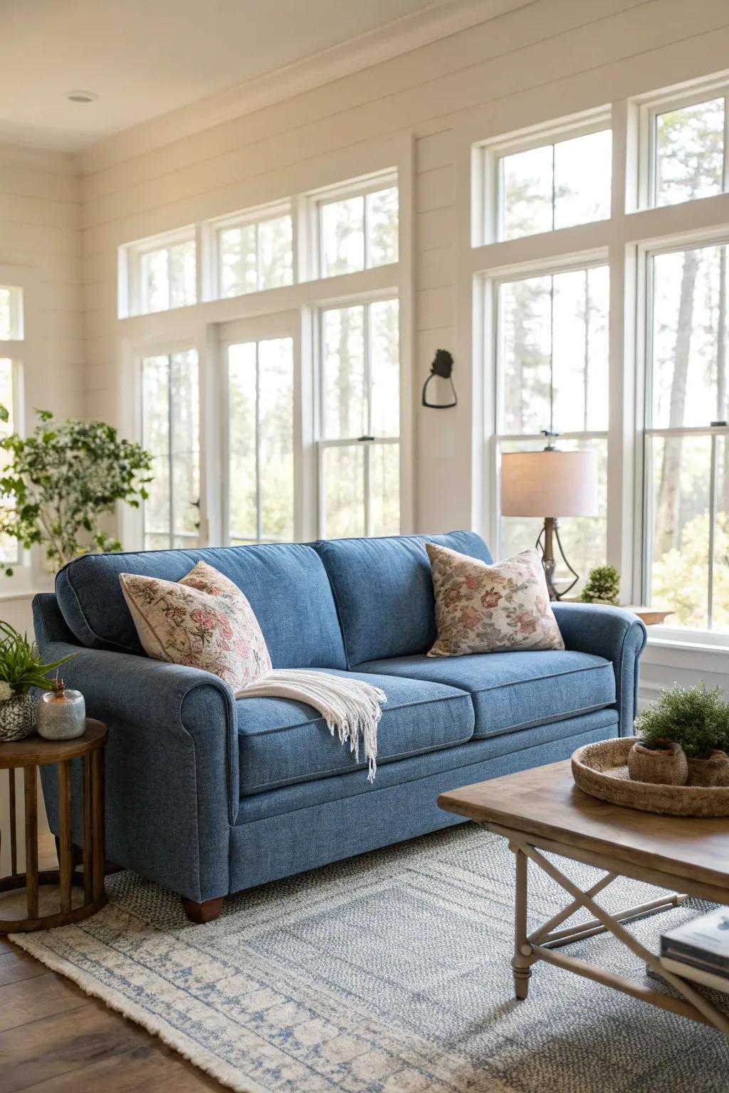 Natural light enhances the beauty of a denim blue sofa.