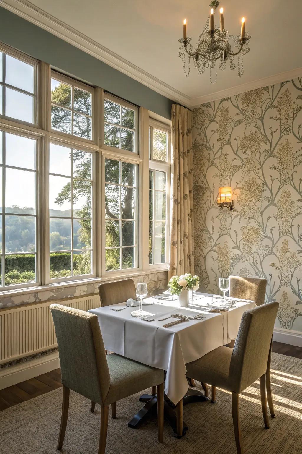 Light-colored wallpaper and mirrors enhance natural brightness in this dining room.