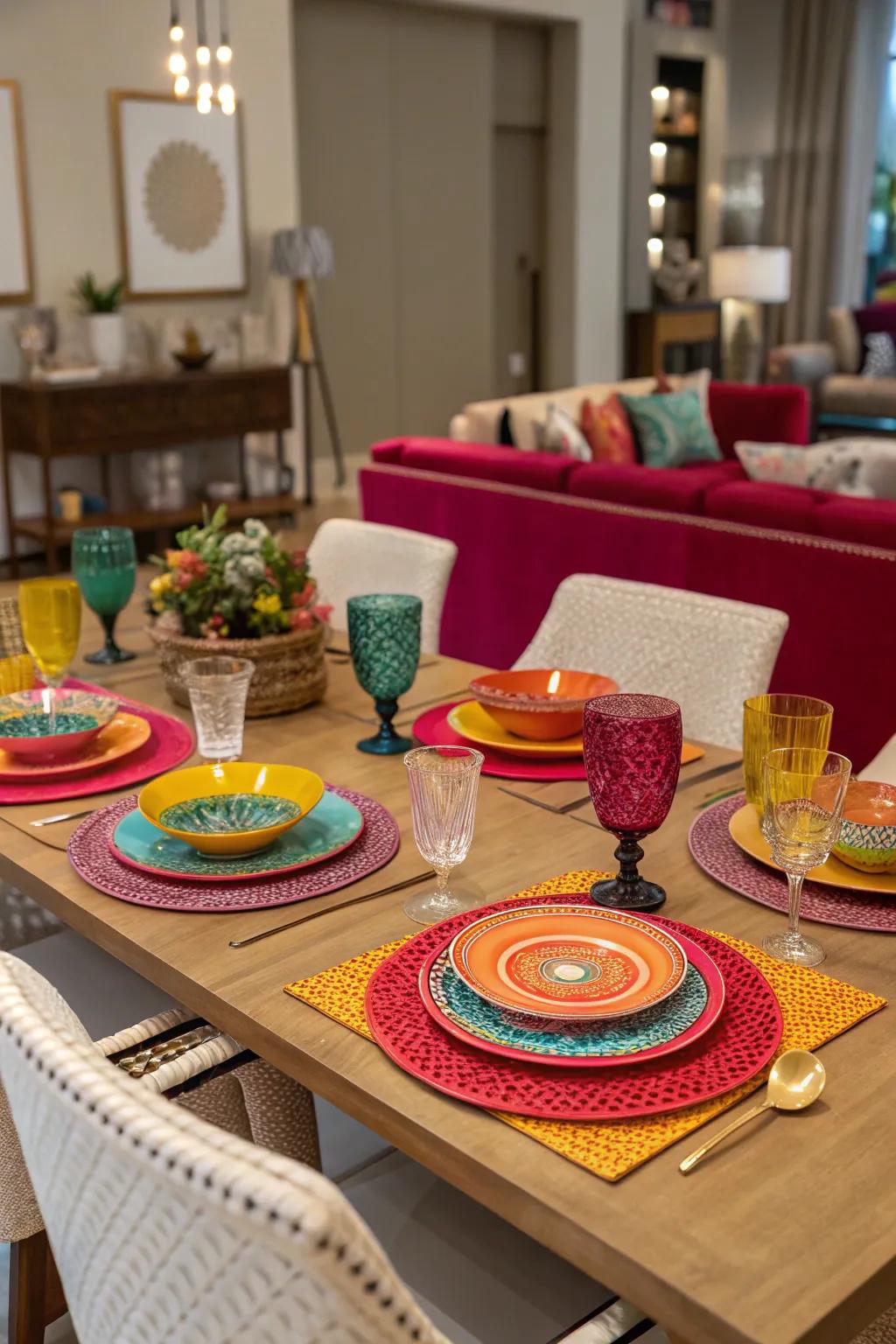 A dining table with decor in bold, complementary colors.