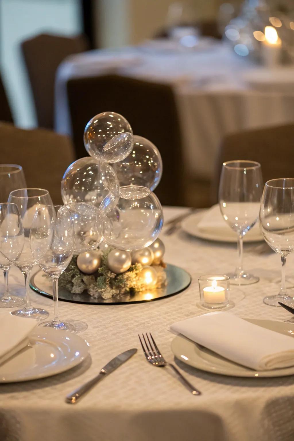 A unique centerpiece with glass orbs adds interest to the table.