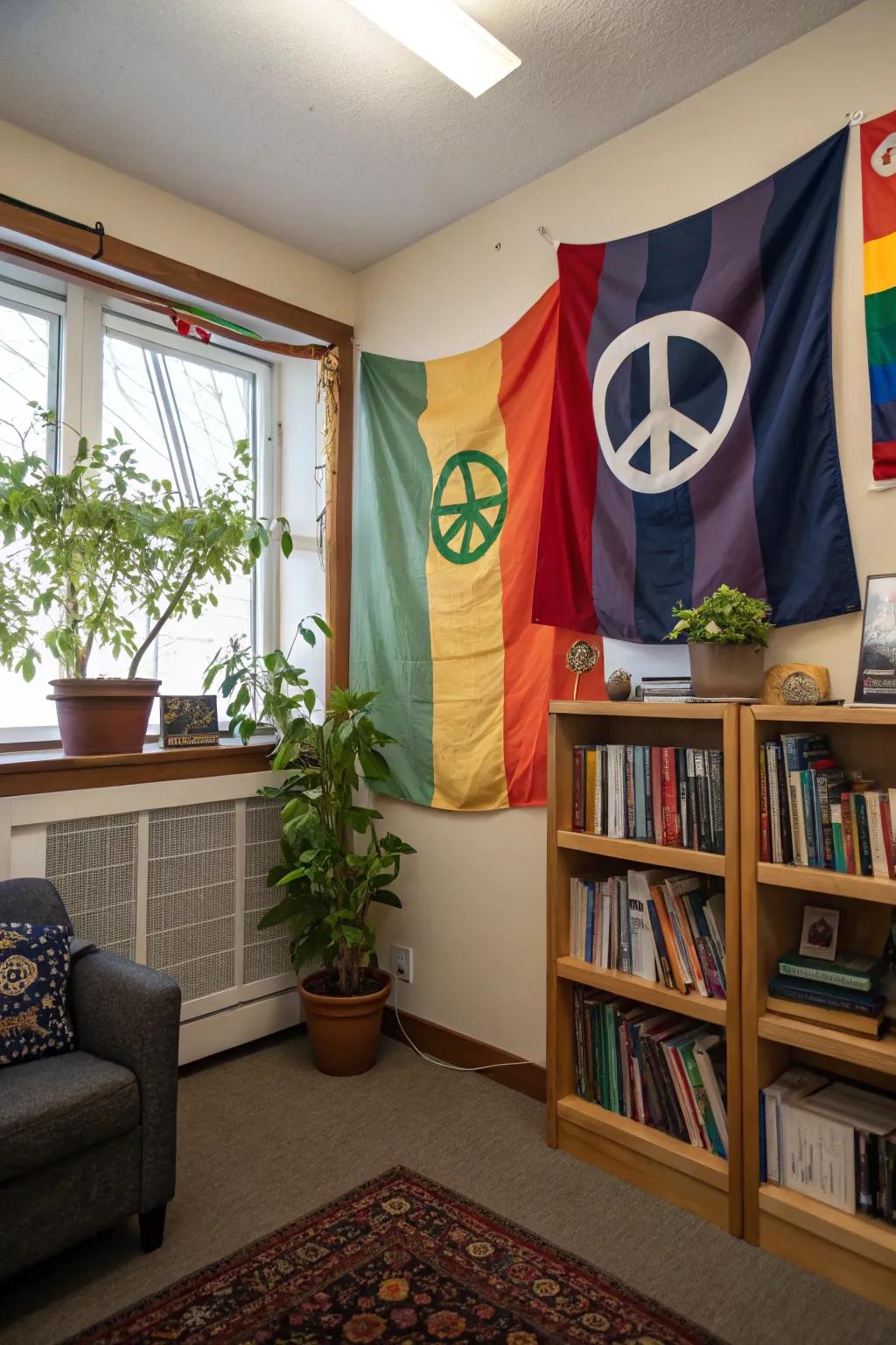 Flags with peace symbols creating a serene atmosphere.