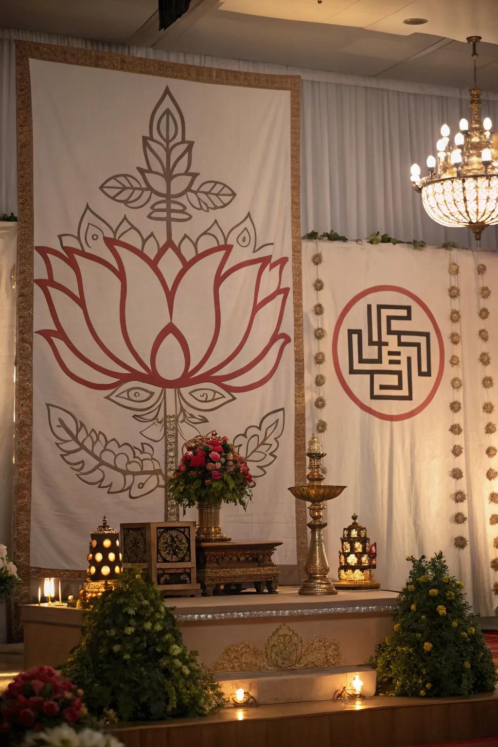 Traditional symbols add cultural depth to the backdrop.