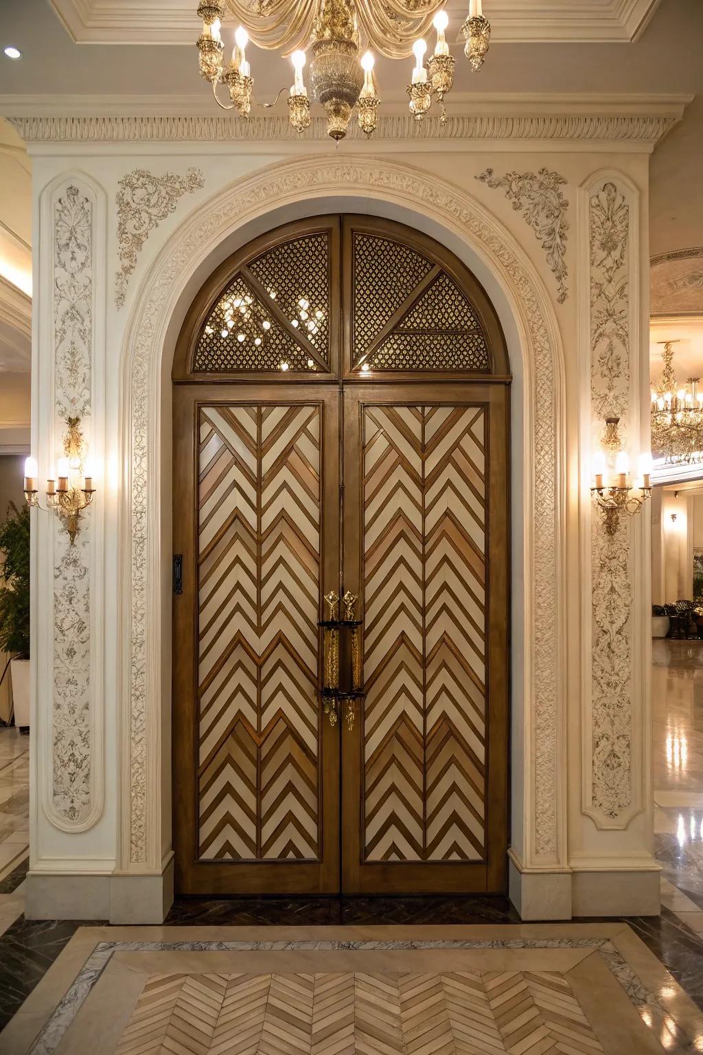 Geometric flair with chevron pattern panels.