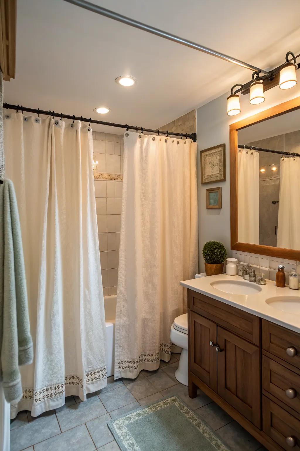 Soft curtains enhance the ambiance of a bathroom.