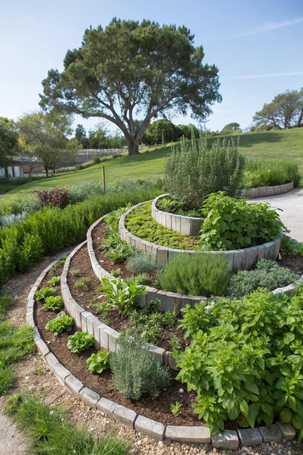 A herb spiral offers fresh flavors and visual interest.