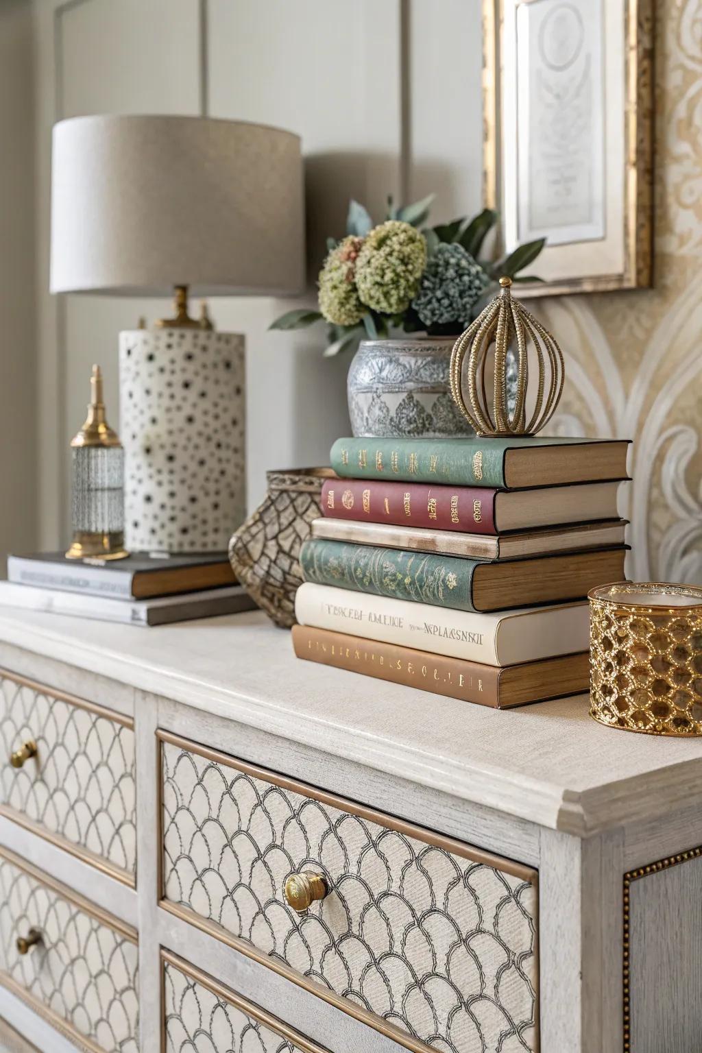 Books add height and interest to the dresser decor.