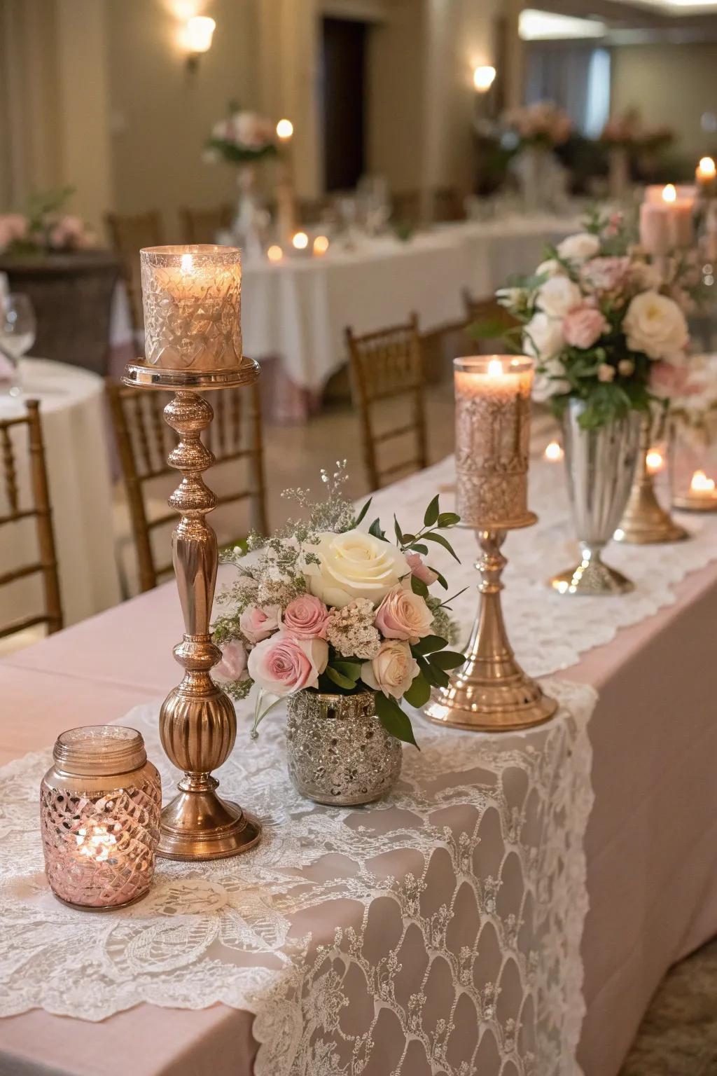 Dusty rose decor with metallic accents.