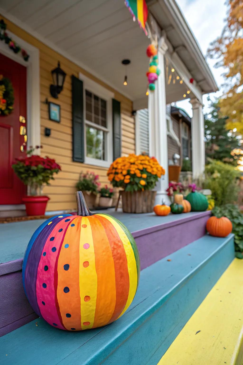 A rainbow-colored pumpkin brings a burst of joy and color to Halloween festivities.