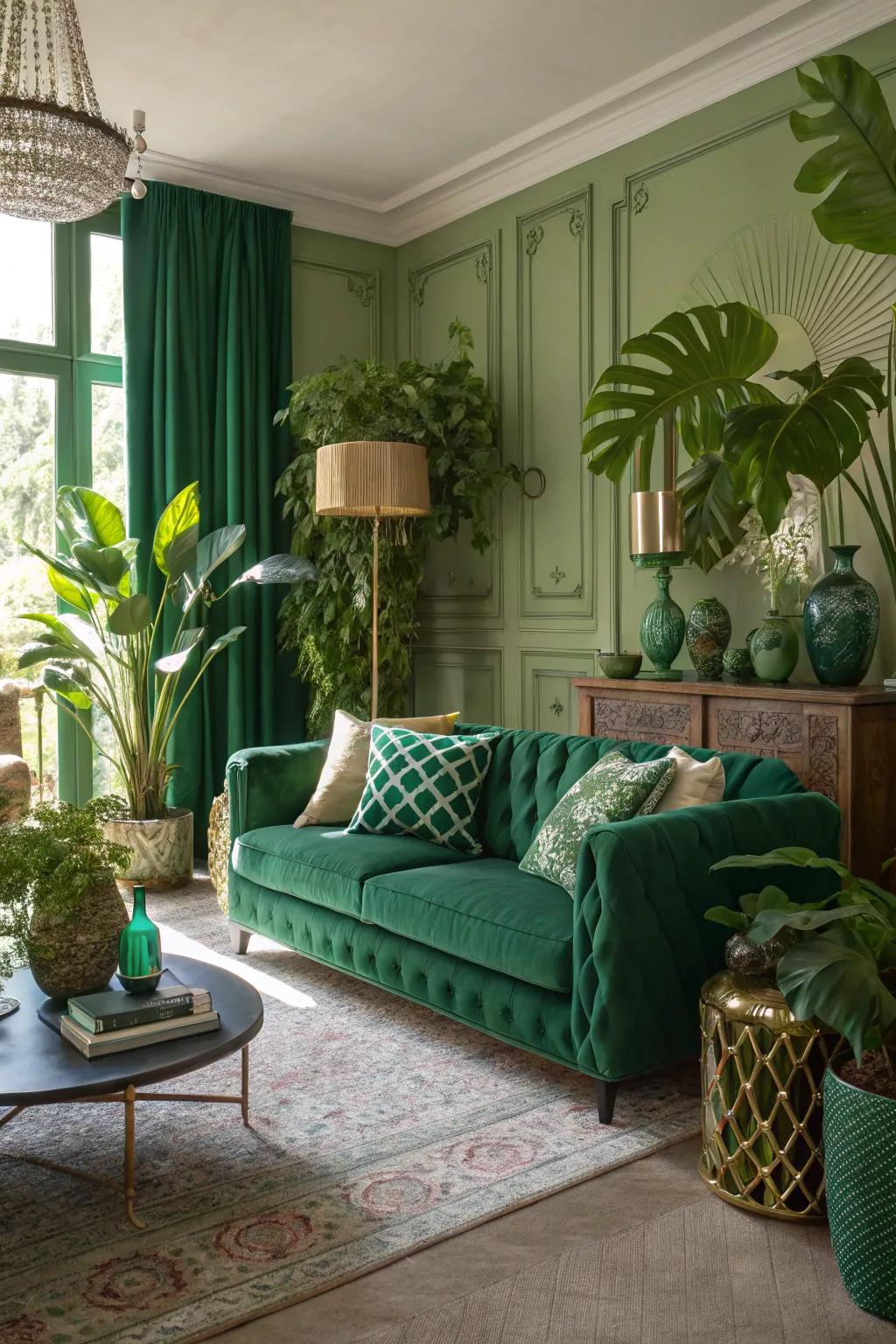 Houseplants complement the emerald green theme beautifully.