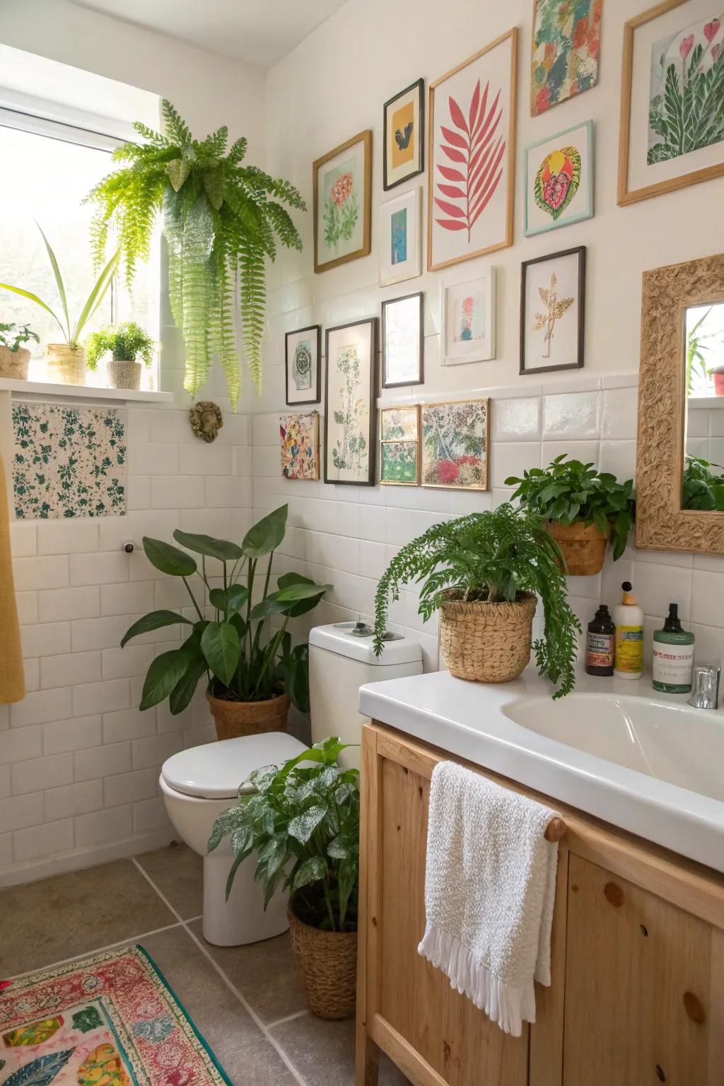 A touch of greenery and art brings life to the bathroom.