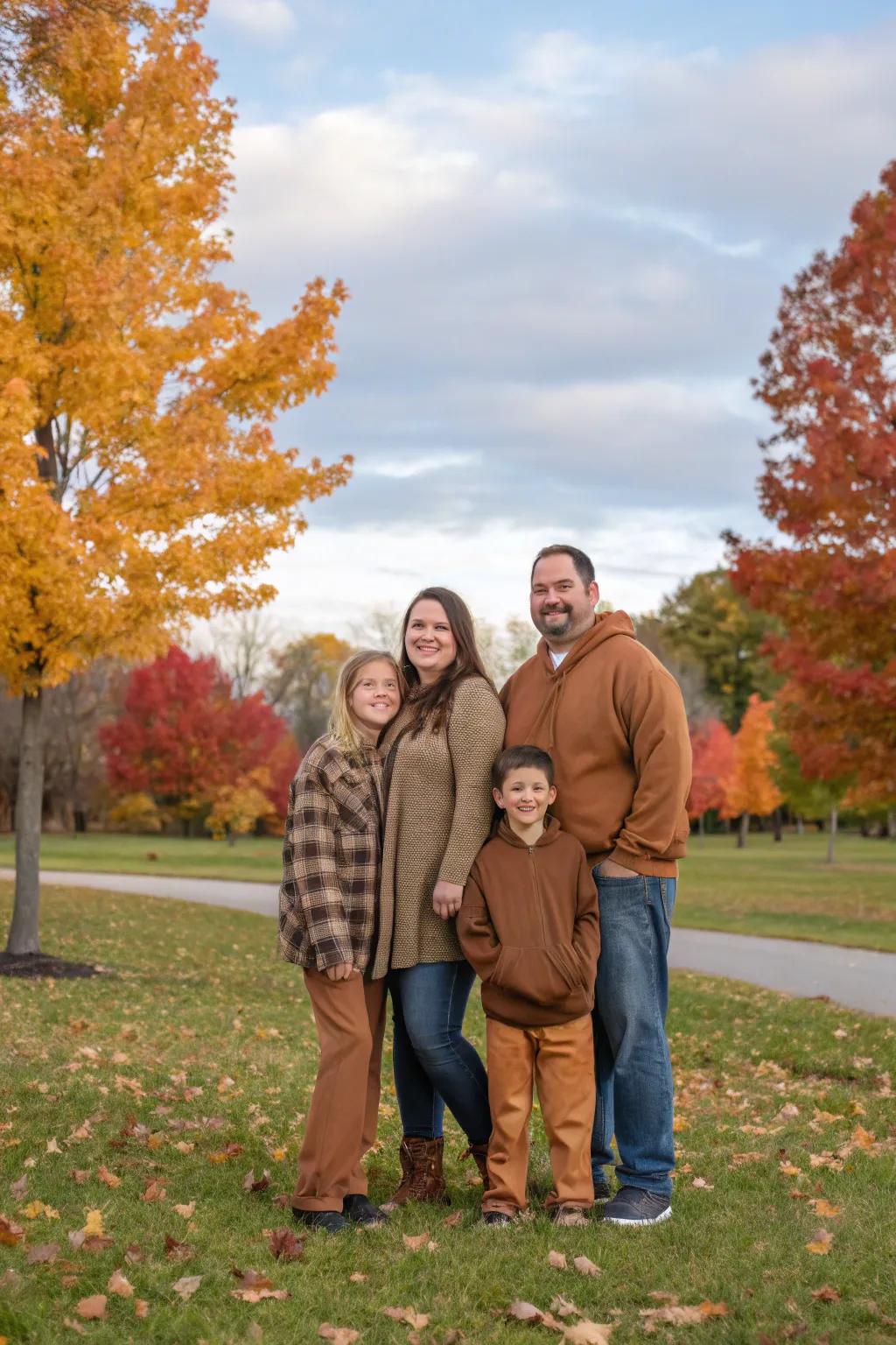 Coordinated outfits can enhance the harmony and beauty of fall family photos.